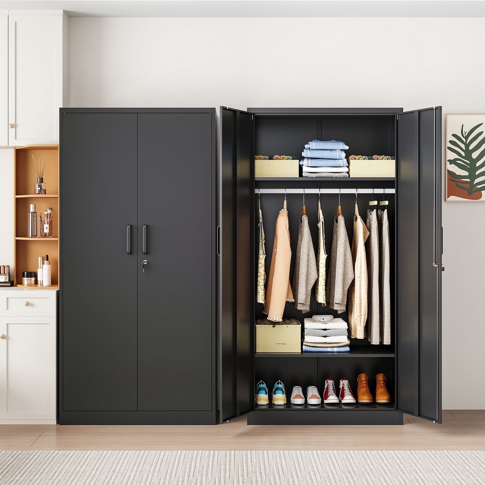 STANI Metal Wardrobe Closet with Hanging Rod, 72 White Armoire Wardrobe Cabinet with Adjustable Shelves, Clothes Storage Organizer Cabinets for Bedroom, Bathroom, Office