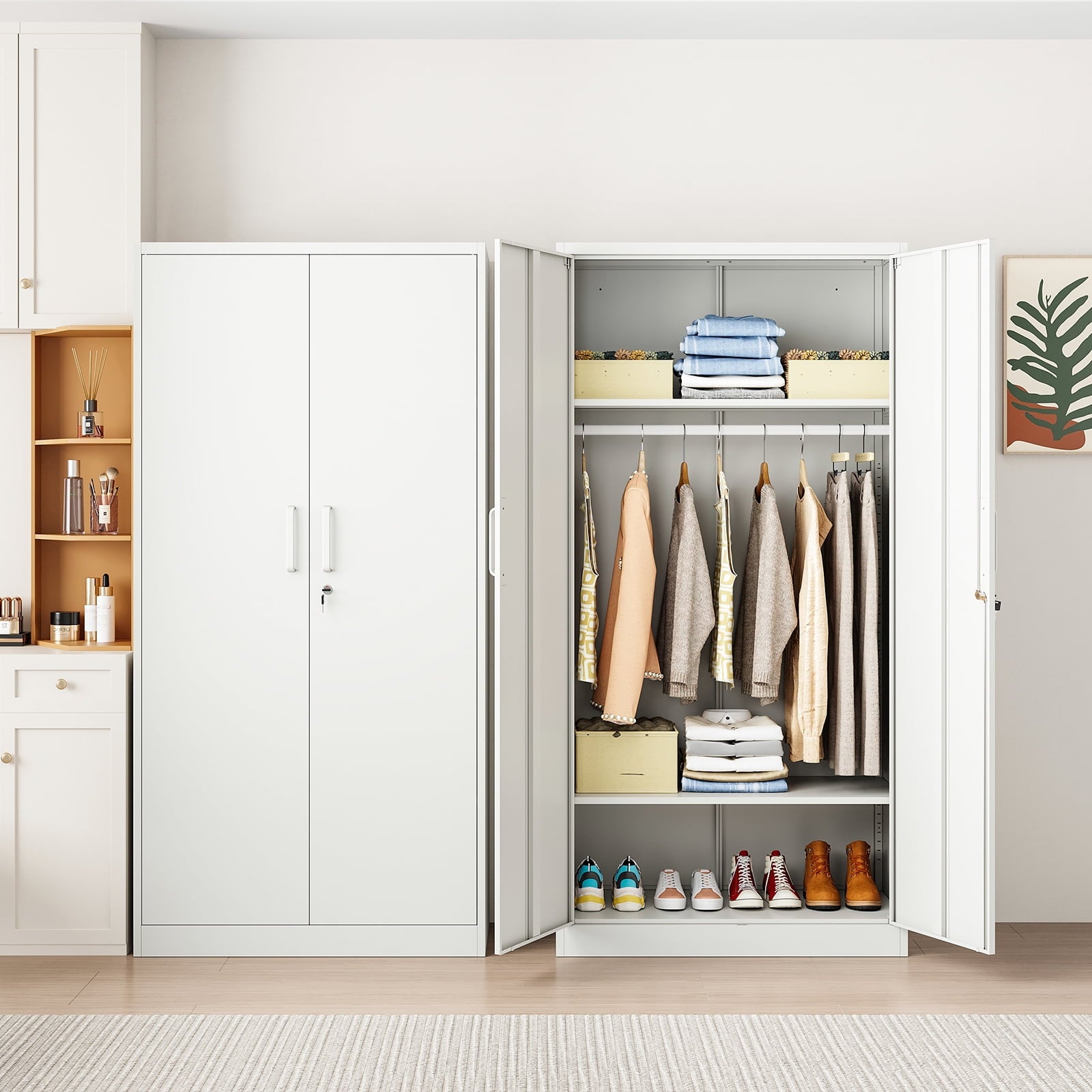 STANI Metal Wardrobe Closet with Hanging Rod, 72 White Armoire Wardrobe Cabinet with Adjustable Shelves, Clothes Storage Organizer Cabinets for Bedroom, Bathroom, Office