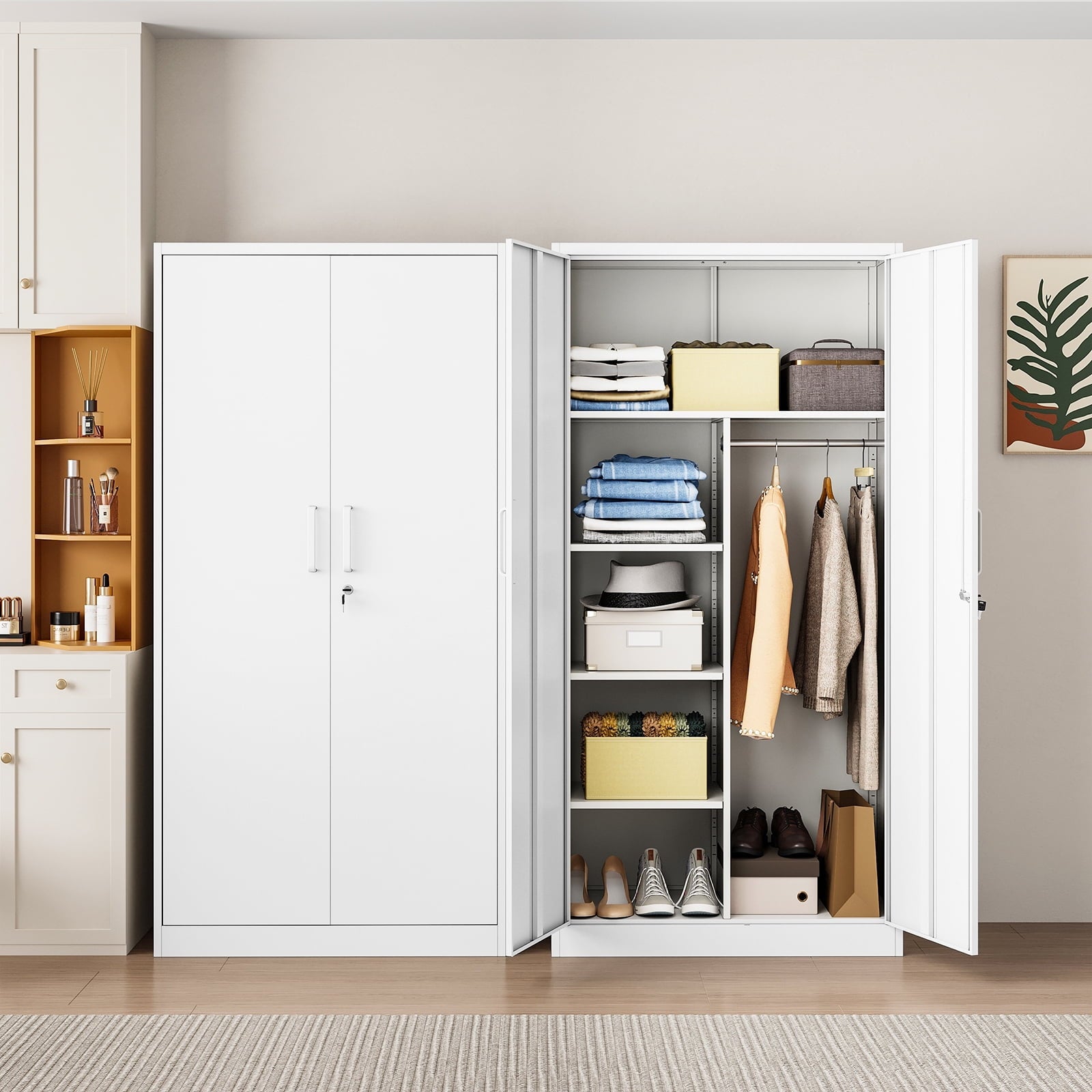 STANI Metal Wardrobe Closet with Hanging Rod, 72 White Armoire Wardrobe Cabinet with Adjustable Shelves, Clothes Storage Organizer Cabinets for Bedroom, Bathroom, Office