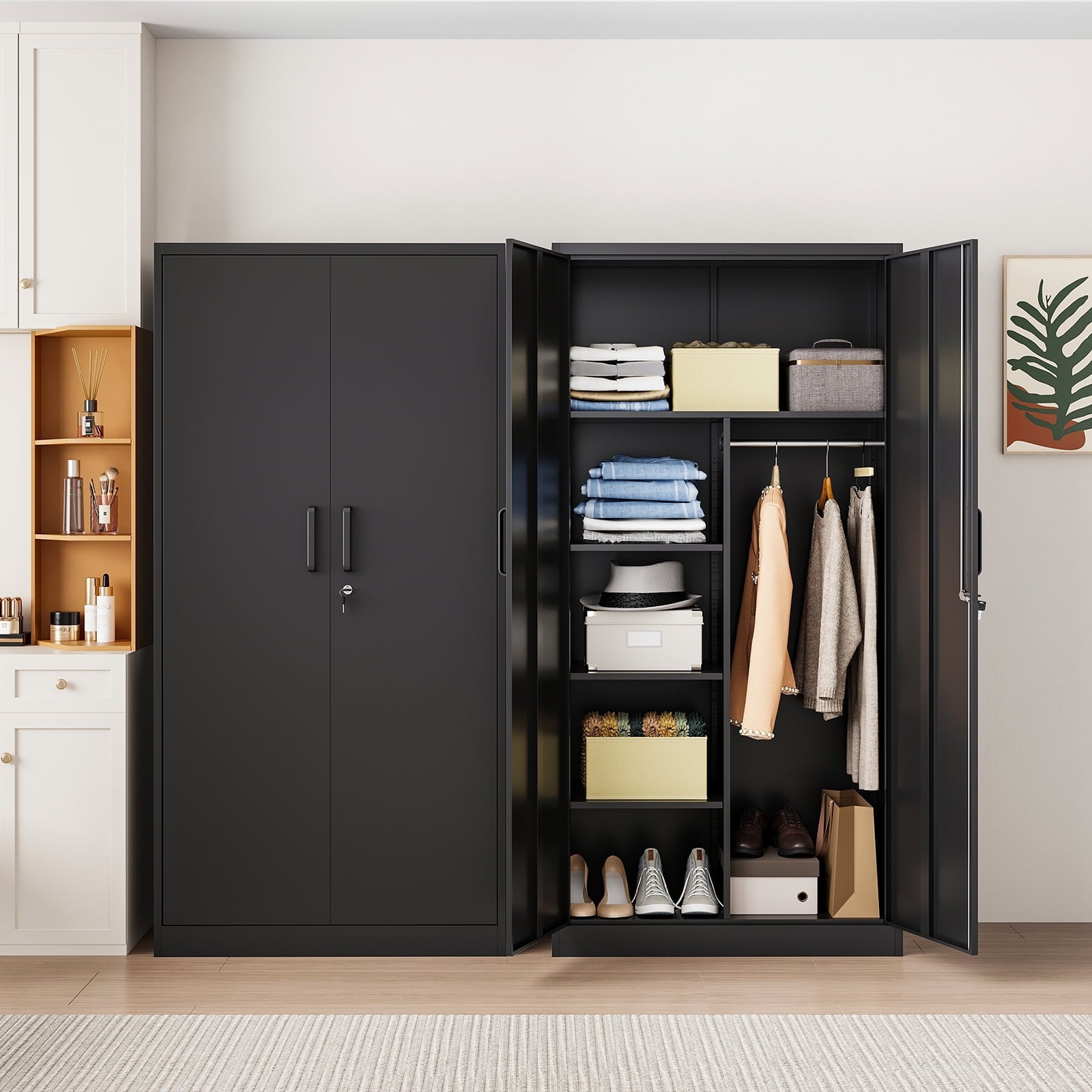 STANI Metal Wardrobe Closet with Hanging Rod, 72 White Armoire Wardrobe Cabinet with Adjustable Shelves, Clothes Storage Organizer Cabinets for Bedroom, Bathroom, Office