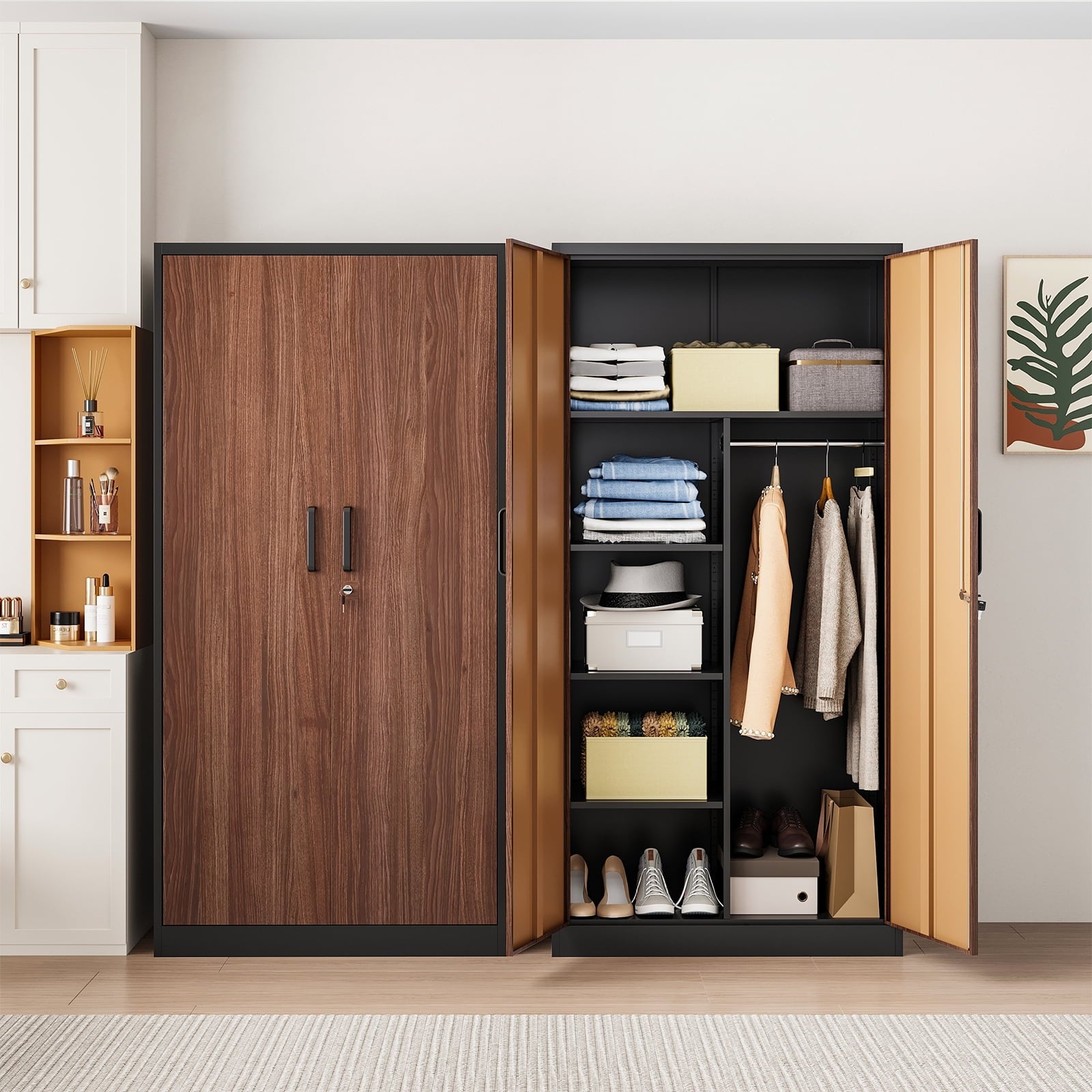 STANI Metal Wardrobe Closet with Hanging Rod, 72 White Armoire Wardrobe Cabinet with Adjustable Shelves, Clothes Storage Organizer Cabinets for Bedroom, Bathroom, Office