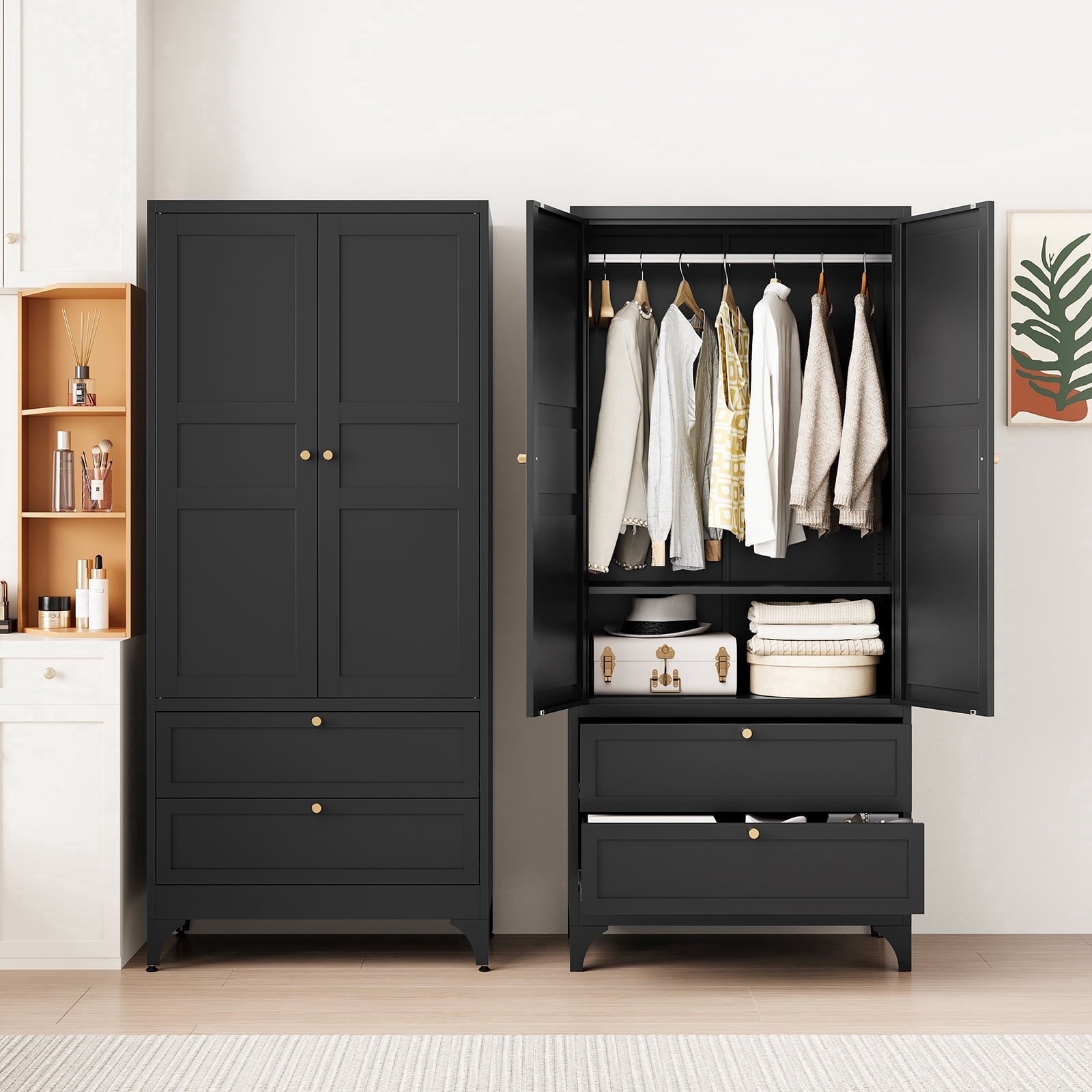 STANI Metal Wardrobe Closet with Hanging Rod, 72 White Armoire Wardrobe Cabinet with Adjustable Shelves, Clothes Storage Organizer Cabinets for Bedroom, Bathroom, Office