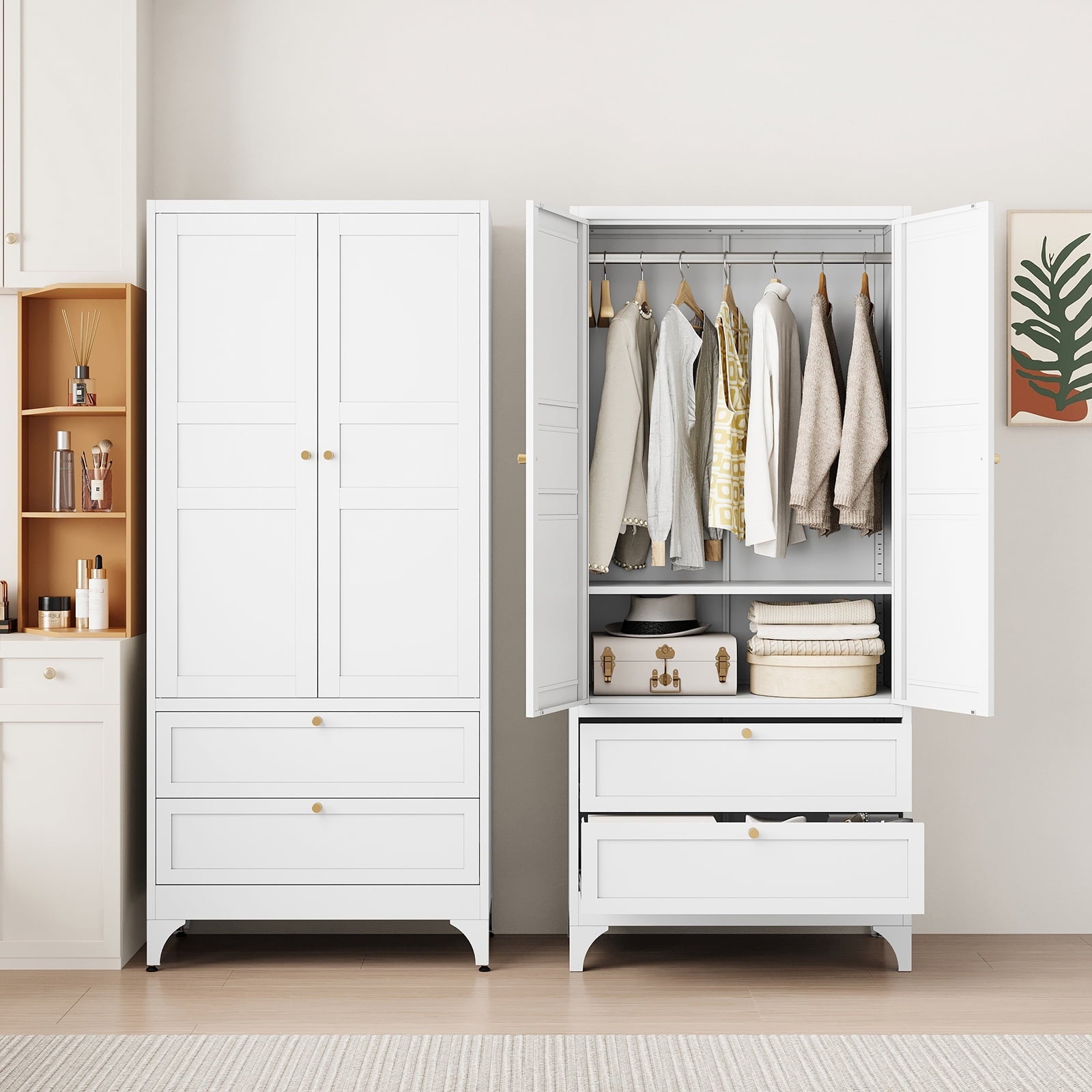 STANI Metal Wardrobe Closet with Hanging Rod, 72 White Armoire Wardrobe Cabinet with Adjustable Shelves, Clothes Storage Organizer Cabinets for Bedroom, Bathroom, Office