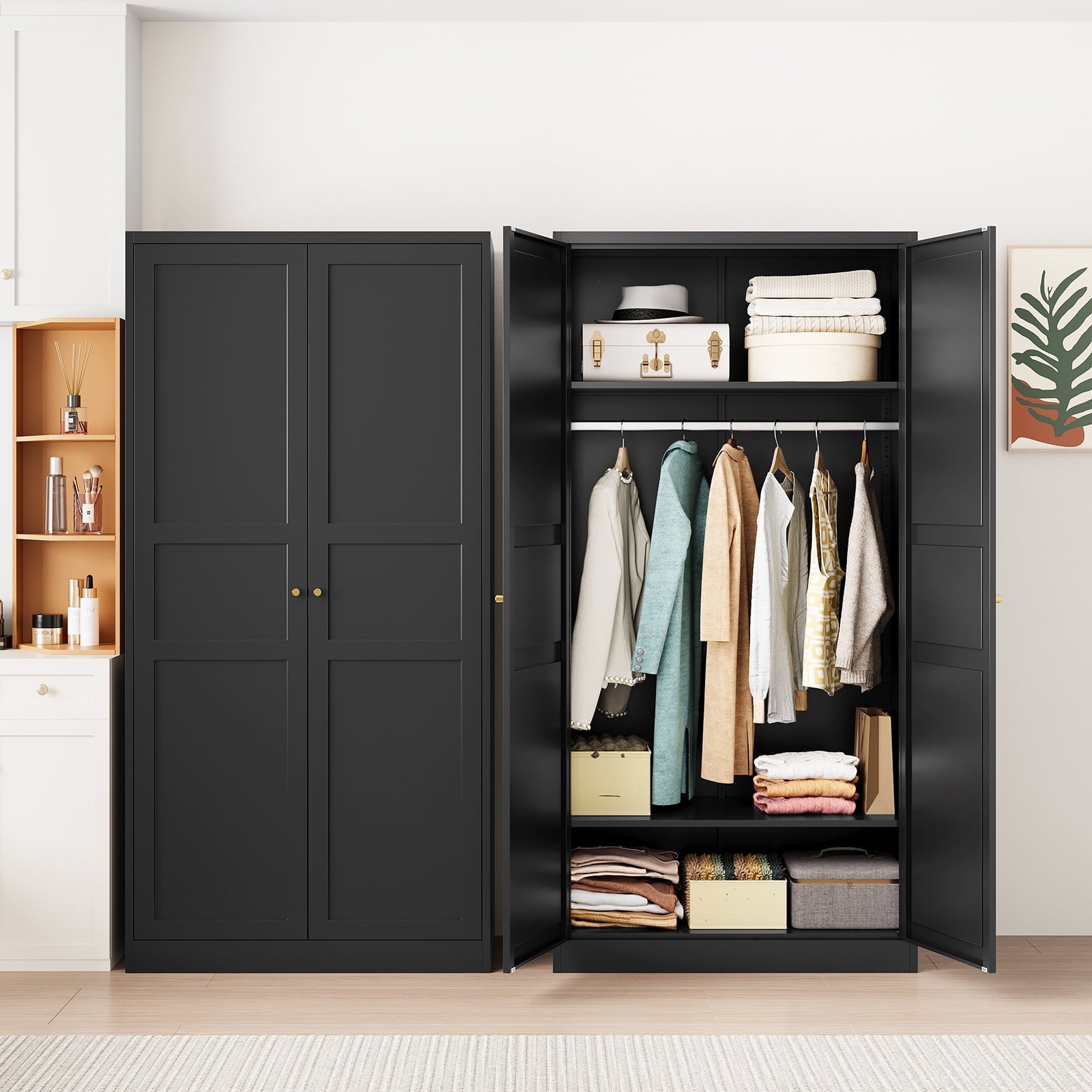 STANI Metal Wardrobe Closet with Hanging Rod, 72 White Armoire Wardrobe Cabinet with Adjustable Shelves, Clothes Storage Organizer Cabinets for Bedroom, Bathroom, Office