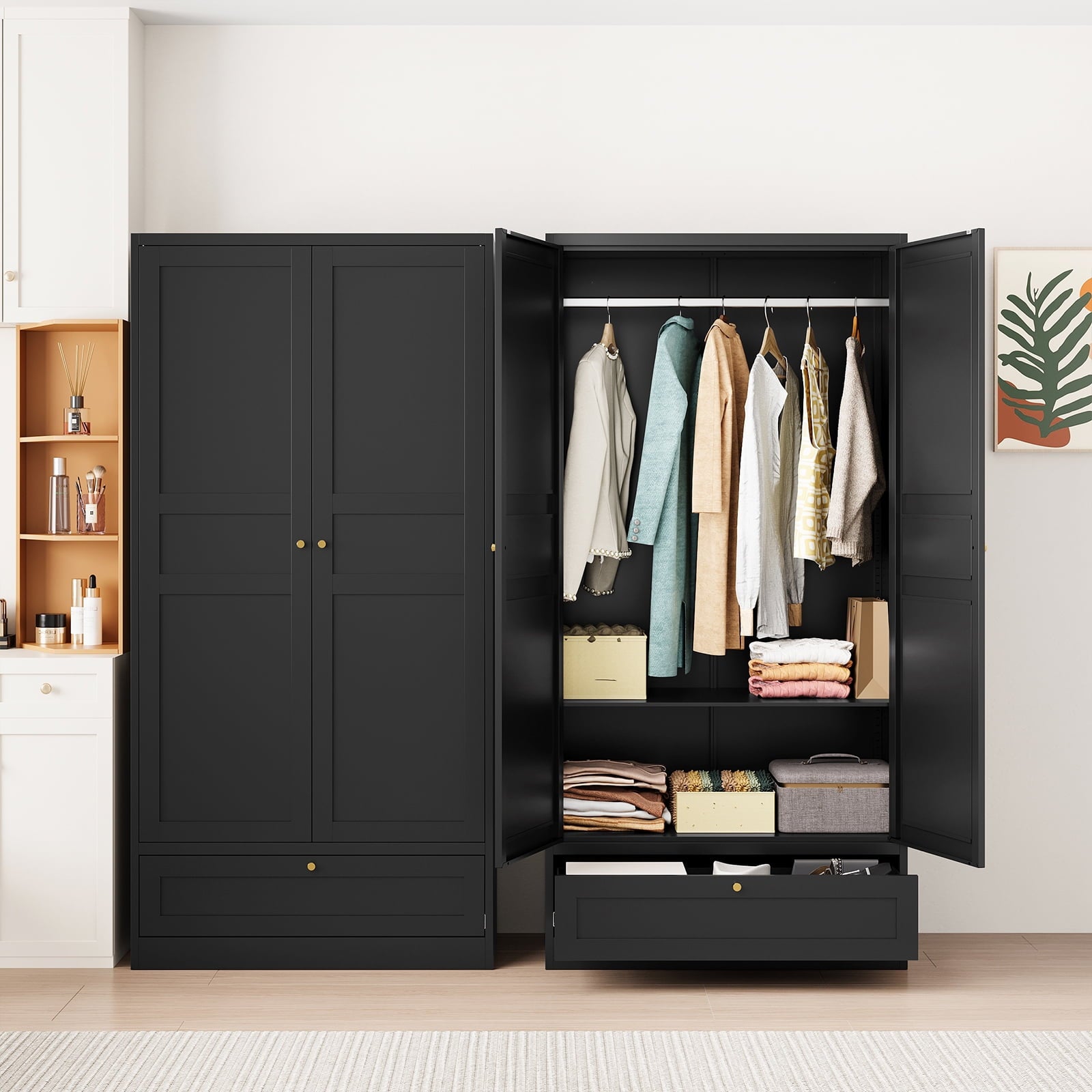 STANI Metal Wardrobe Closet with Hanging Rod, 72 White Armoire Wardrobe Cabinet with Adjustable Shelves, Clothes Storage Organizer Cabinets for Bedroom, Bathroom, Office