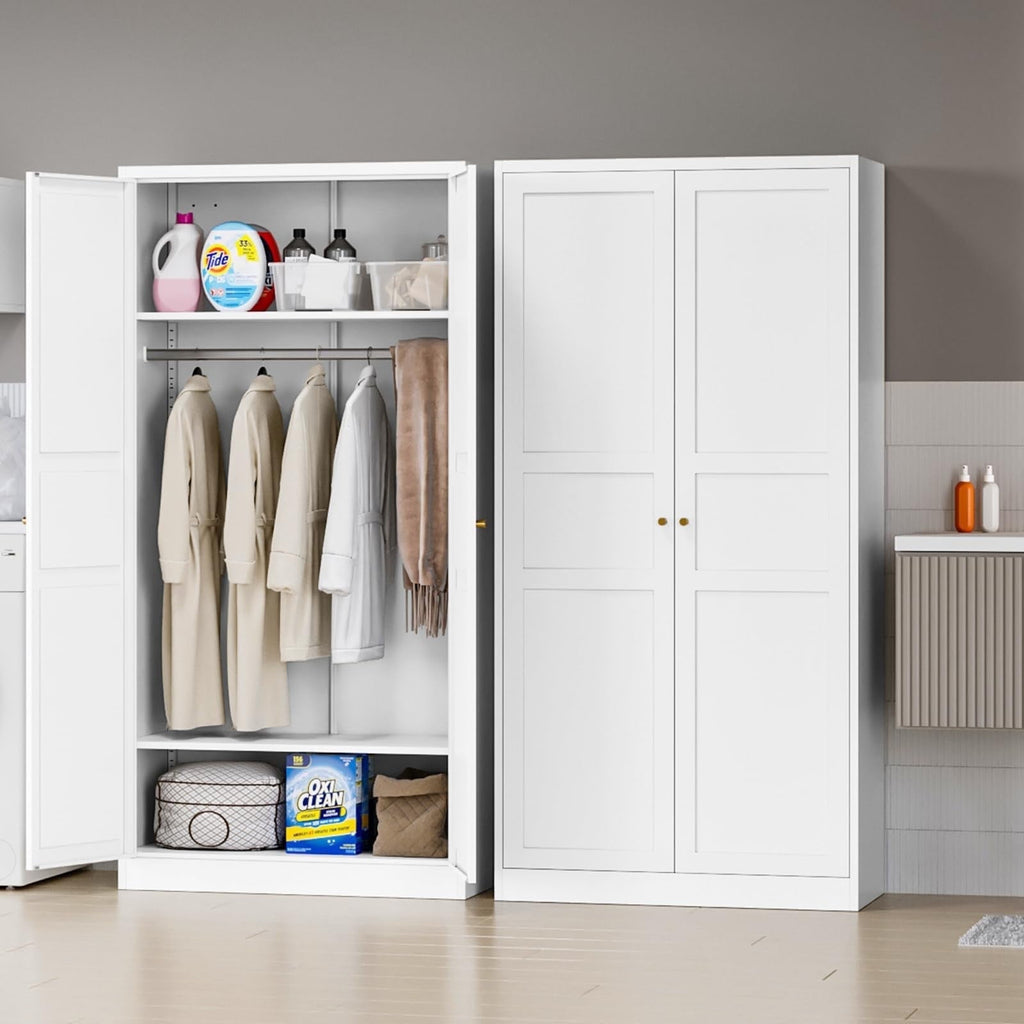 STANI Metal Wardrobe Closet with Hanging Rod, 72 White Armoire Wardrobe Cabinet with Adjustable Shelves, Clothes Storage Organizer Cabinets for Bedroom, Bathroom, Office
