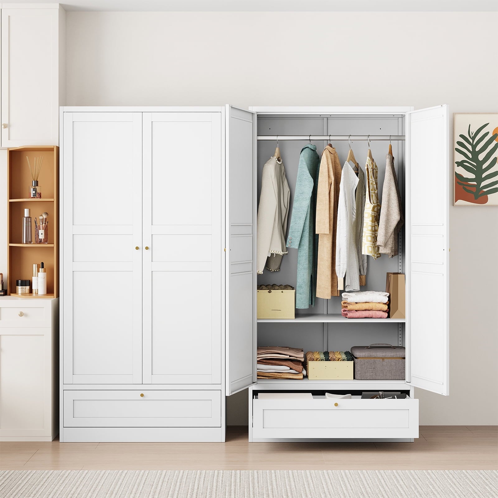STANI Metal Wardrobe Closet with Hanging Rod, 72 White Armoire Wardrobe Cabinet with Adjustable Shelves, Clothes Storage Organizer Cabinets for Bedroom, Bathroom, Office