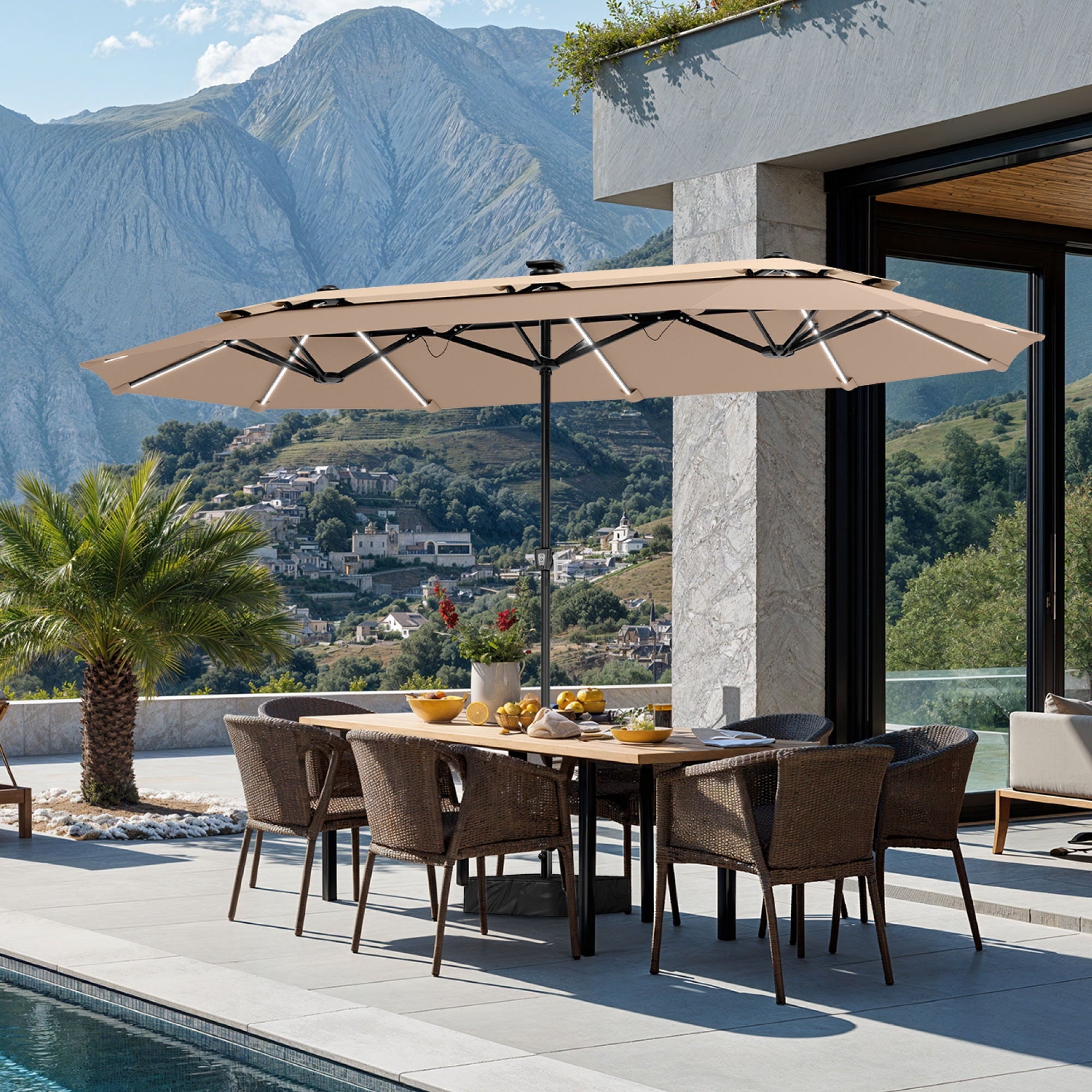 SUMMIT LIVING 13FT Patio Umbrella with Solar Lights & Base, 8 Colors 14 Modes, Double-Vented Outdoor Market Rectangle Umbrella for Garden - Beige & Tan