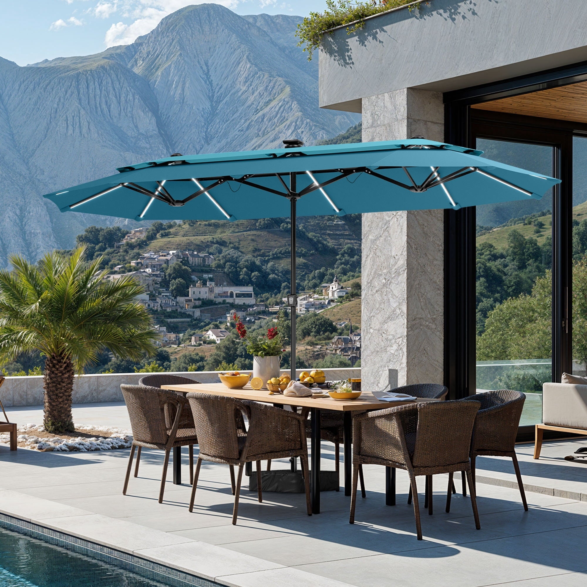 SUMMIT LIVING 13FT Patio Umbrella with Solar Lights & Base, 8 Colors 14 Modes, Double-Vented Outdoor Market Rectangle Umbrella for Garden - Beige & Tan