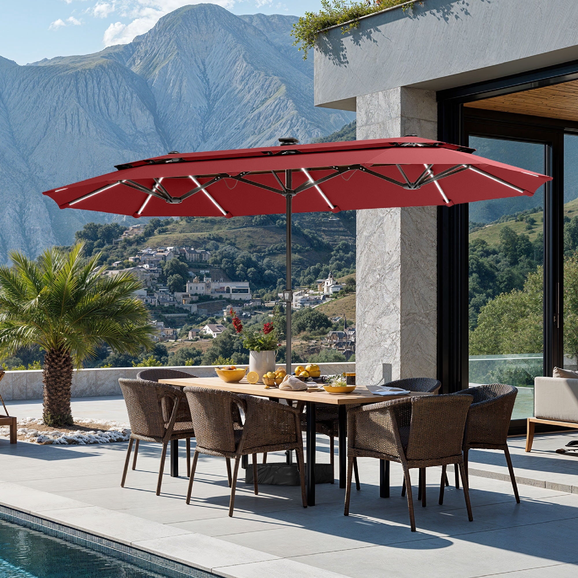 SUMMIT LIVING 13FT Patio Umbrella with Solar Lights & Base, 8 Colors 14 Modes, Double-Vented Outdoor Market Rectangle Umbrella for Garden - Beige & Tan