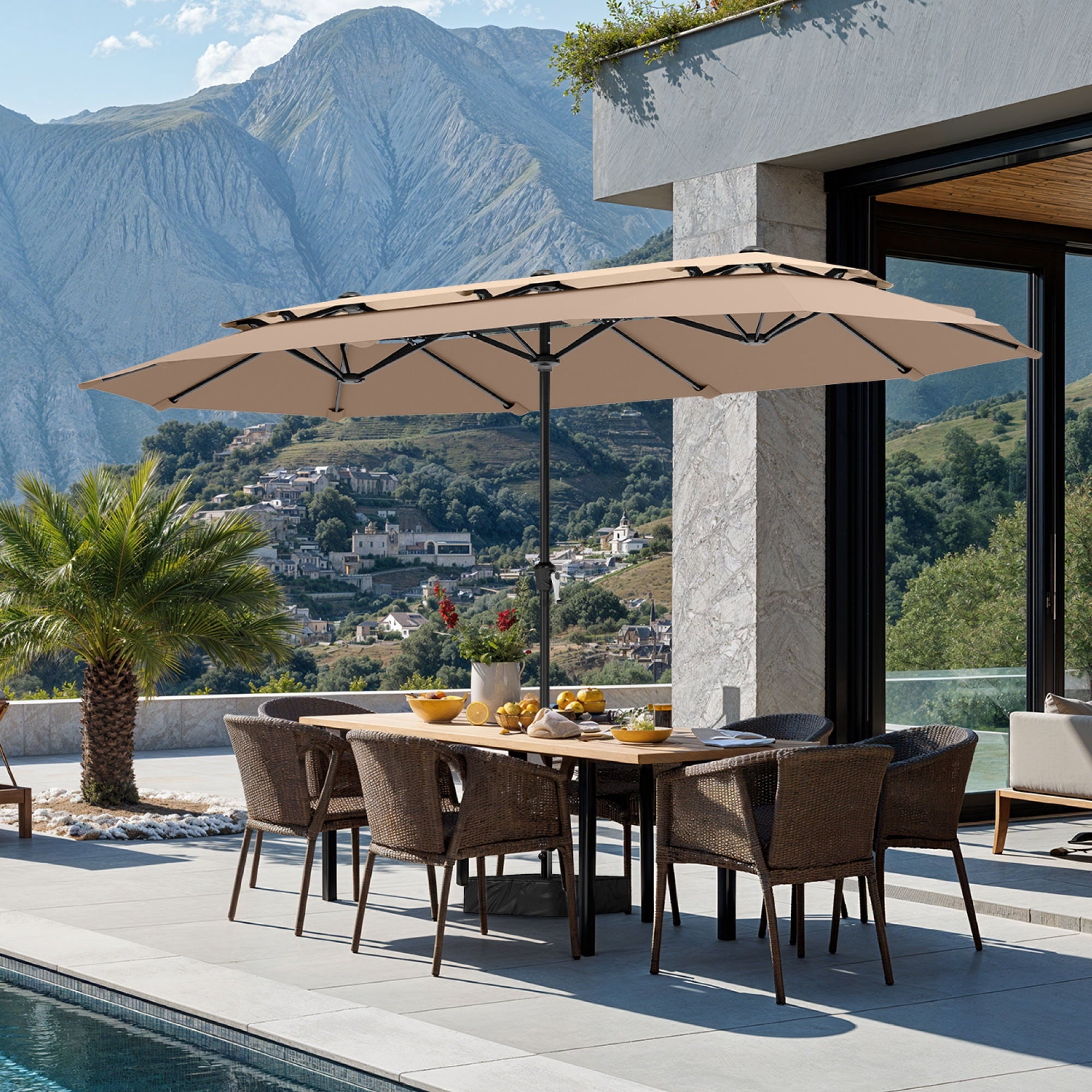 SUMMIT LIVING 13FT Patio Umbrella with Base Included - Double-Vented Rectangle Outdoor Market Umbrella for Patio - Beige
