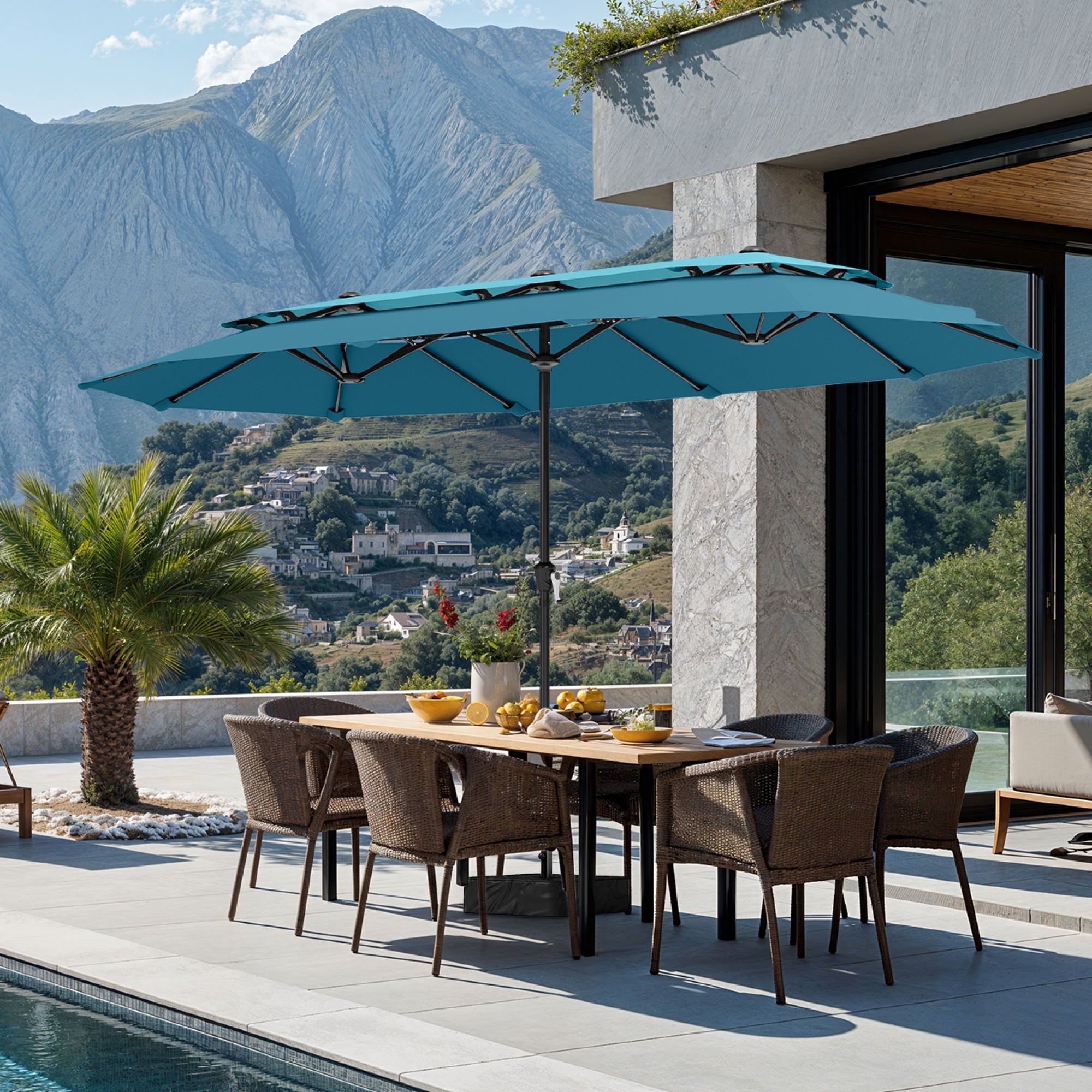 SUMMIT LIVING 13FT Patio Umbrella with Base Included - Double-Vented Rectangle Outdoor Market Umbrella for Patio - Beige
