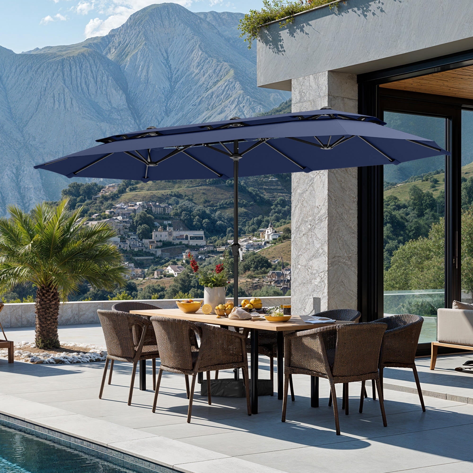 SUMMIT LIVING 13FT Patio Umbrella with Base Included - Double-Vented Rectangle Outdoor Market Umbrella for Patio - Beige