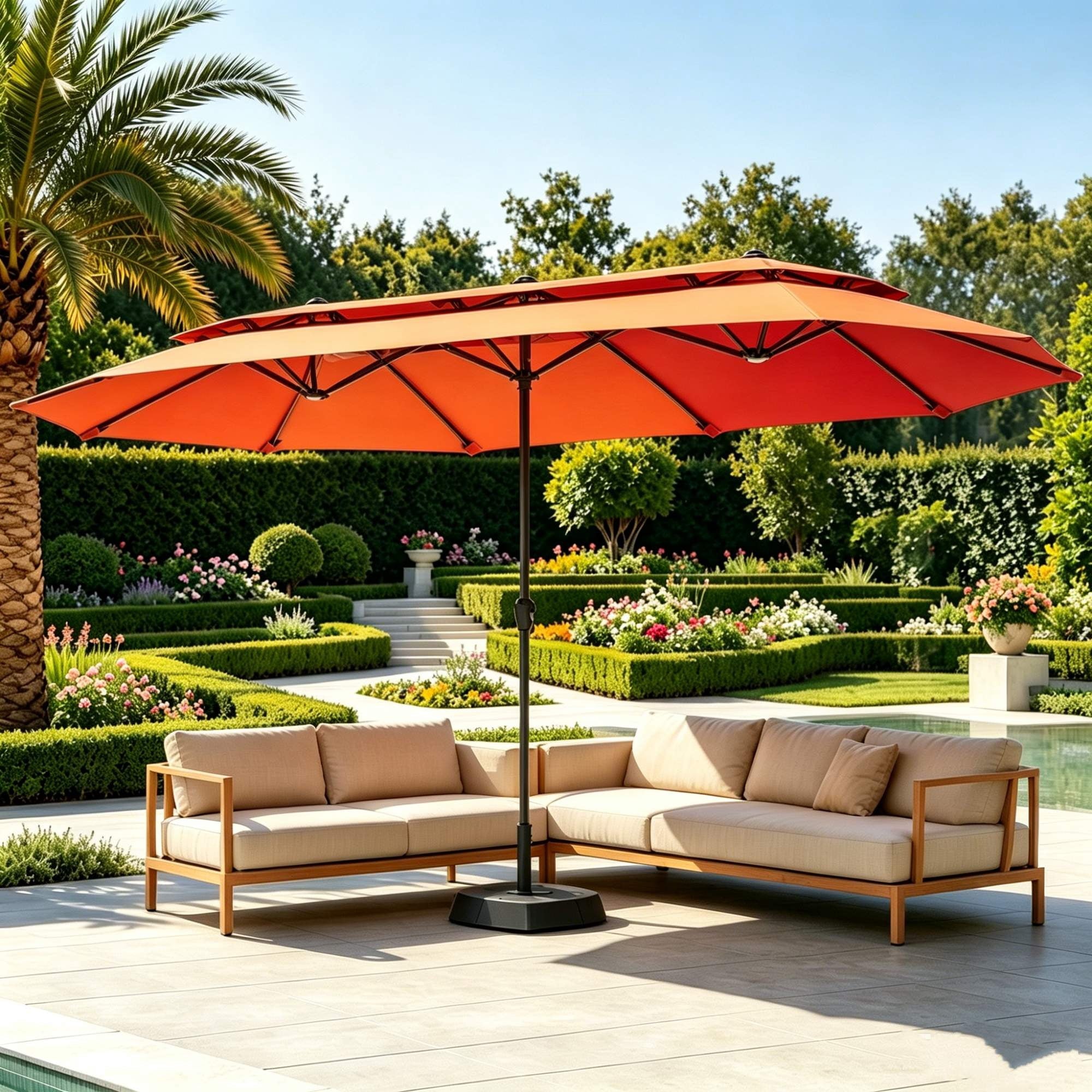 SUMMIT LIVING 13FT Patio Umbrella with Base Included - Double-Vented Rectangle Outdoor Market Umbrella for Patio - Beige