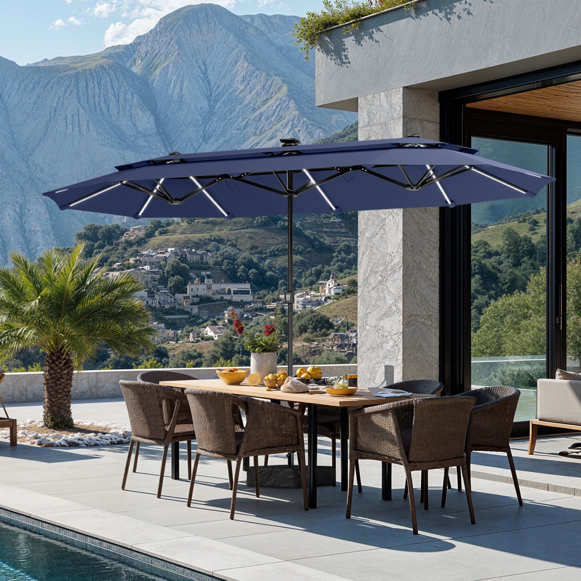 SUMMIT LIVING 13FT Patio Umbrella with Solar Lights & Base, 8 Colors 14 Modes, Double-Vented Outdoor Market Rectangle Umbrella for Garden - Beige & Tan