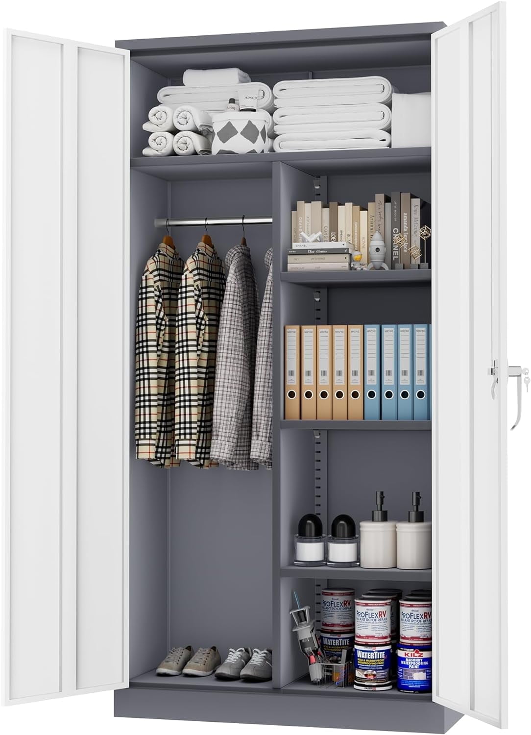 SUNCROWN Garage Storage Cabinets with Doors and Shelves, 72 Steel Tool Locking Cabinet, Metal Storage Cabinet for Home Office, Warehouse, School (White)