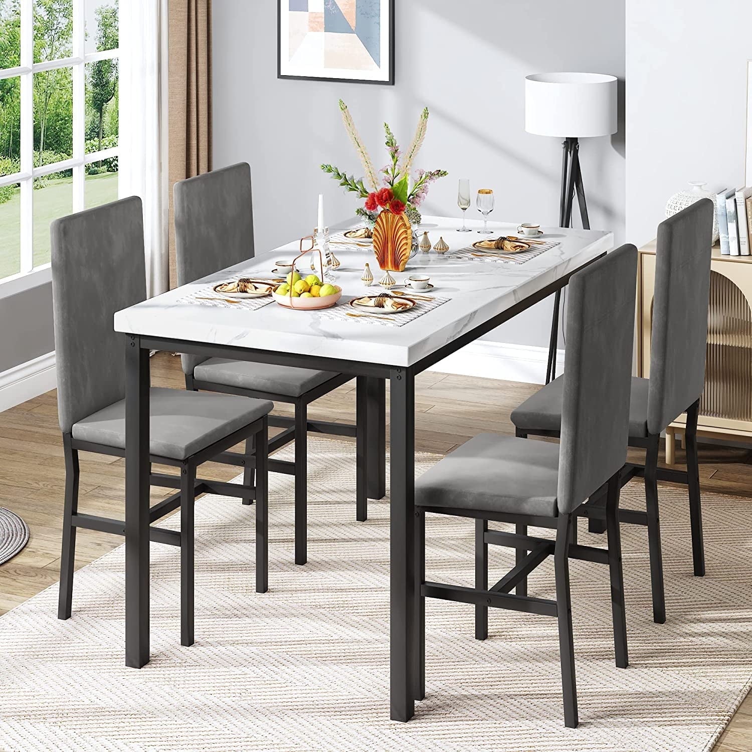 SYNGAR 5 Piece Dining Set, Modern Dining Table and Chairs Set for 4, Kitchen Dining Table Set with Faux Marble Tabletop & 4 Upholstered Chairs, for Small Space, Breakfast Nook, D9224