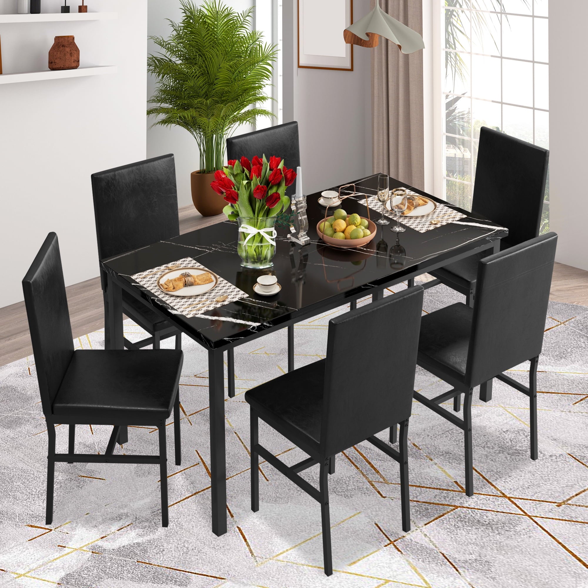 SYNGAR 5 Piece Dining Set, Modern Dining Table and Chairs Set for 4, Kitchen Dining Table Set with Faux Marble Tabletop & 4 Upholstered Chairs, for Small Space, Breakfast Nook, D9224