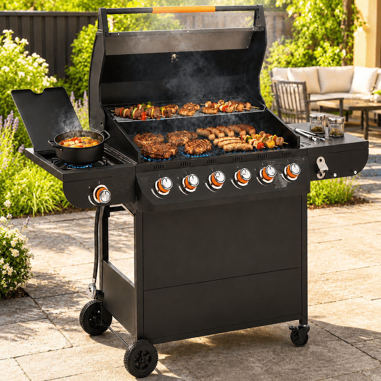 72,000 BTU Gas Grills Clearance, 6-Burner Propane BBQ Grill with Side Burner, 650 Sq.In Cooking Area, Cast Iron Grates, Warming Rack, Thermometer, Outdoor Grill for Patio Backyard