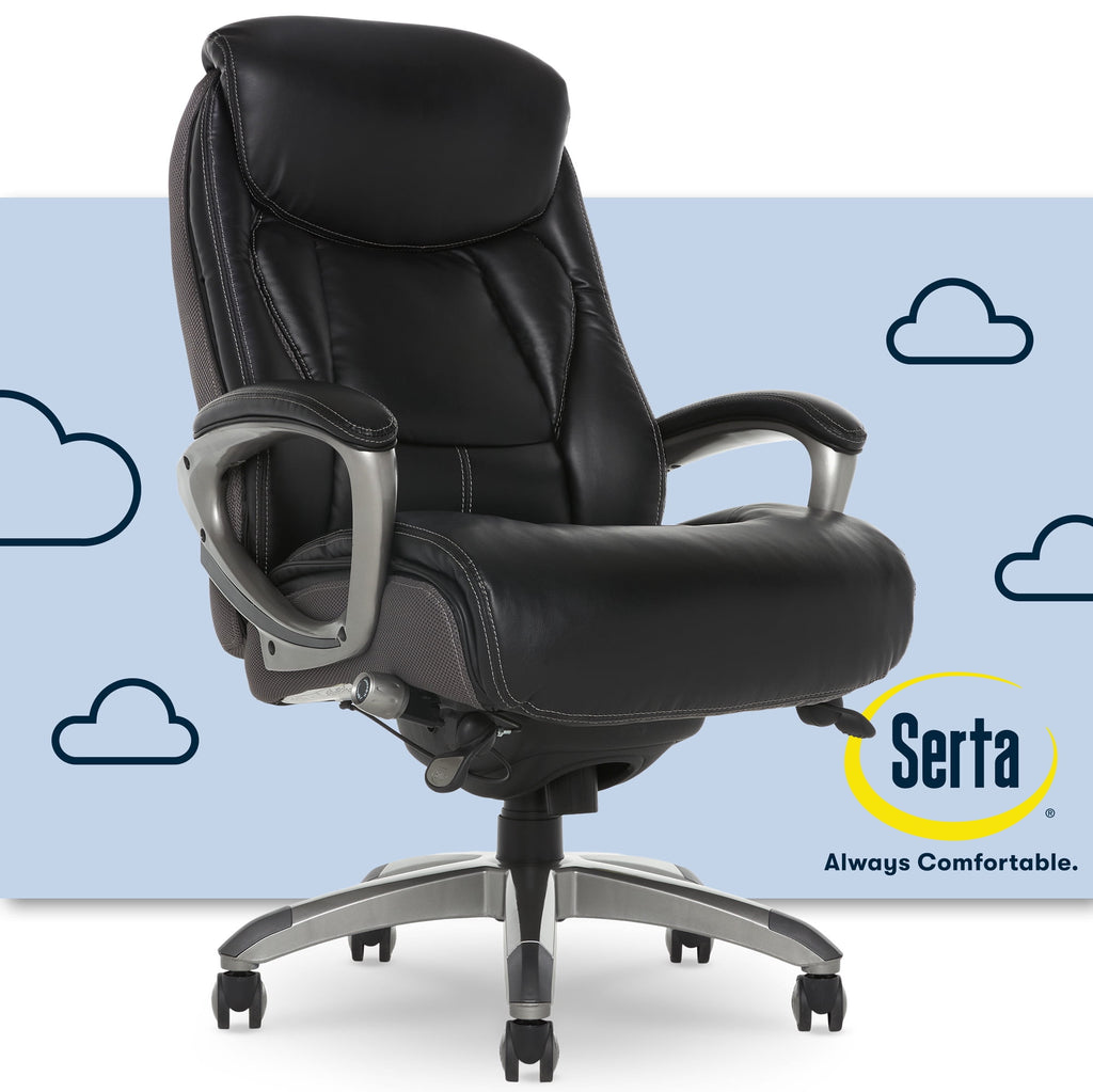 Serta Lautner Executive Home Office Desk Chair, Ergonomic High-Back with Adjustable Lumbar and Body Pillows, SmartLayers and ComfortCoils Technology, Mesh and Bonded Leather, Black and Gray
