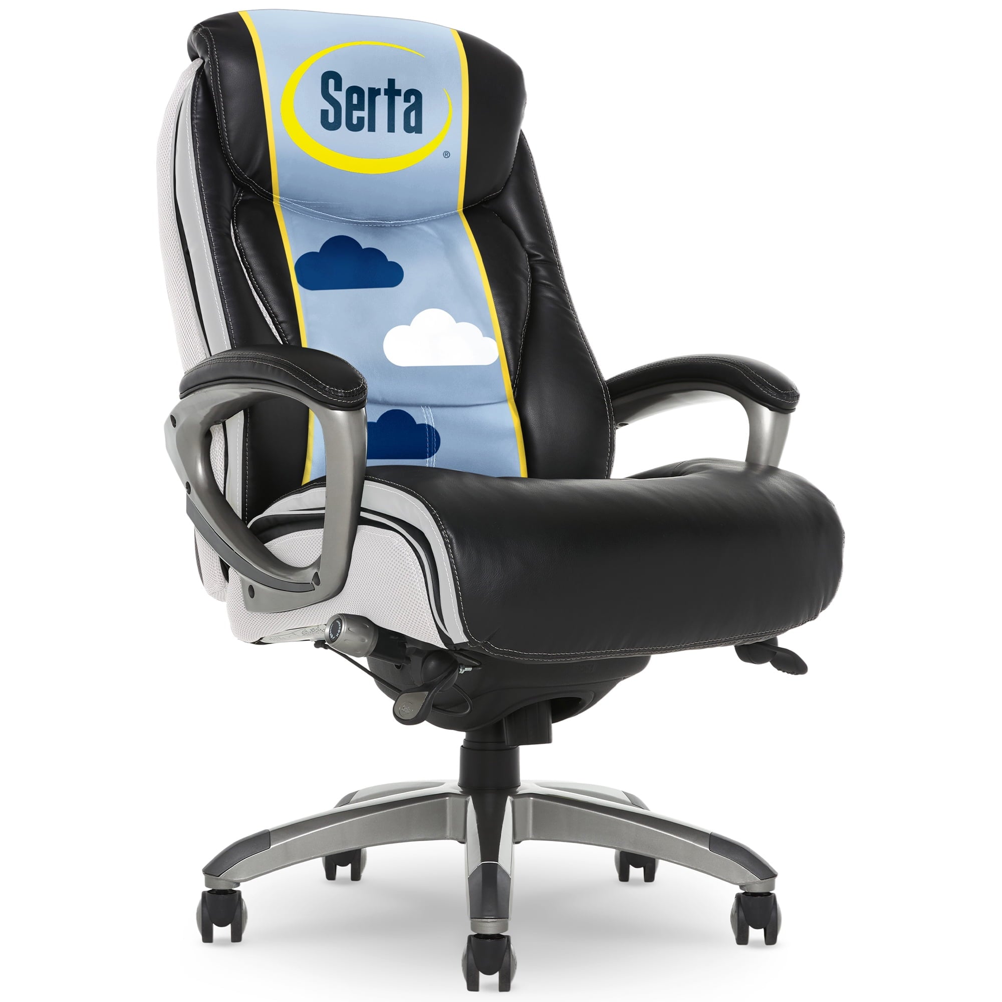 Serta Lautner Executive Home Office Desk Chair, Ergonomic High-Back with Adjustable Lumbar and Body Pillows, SmartLayers and ComfortCoils Technology, Mesh and Bonded Leather, Black and Gray
