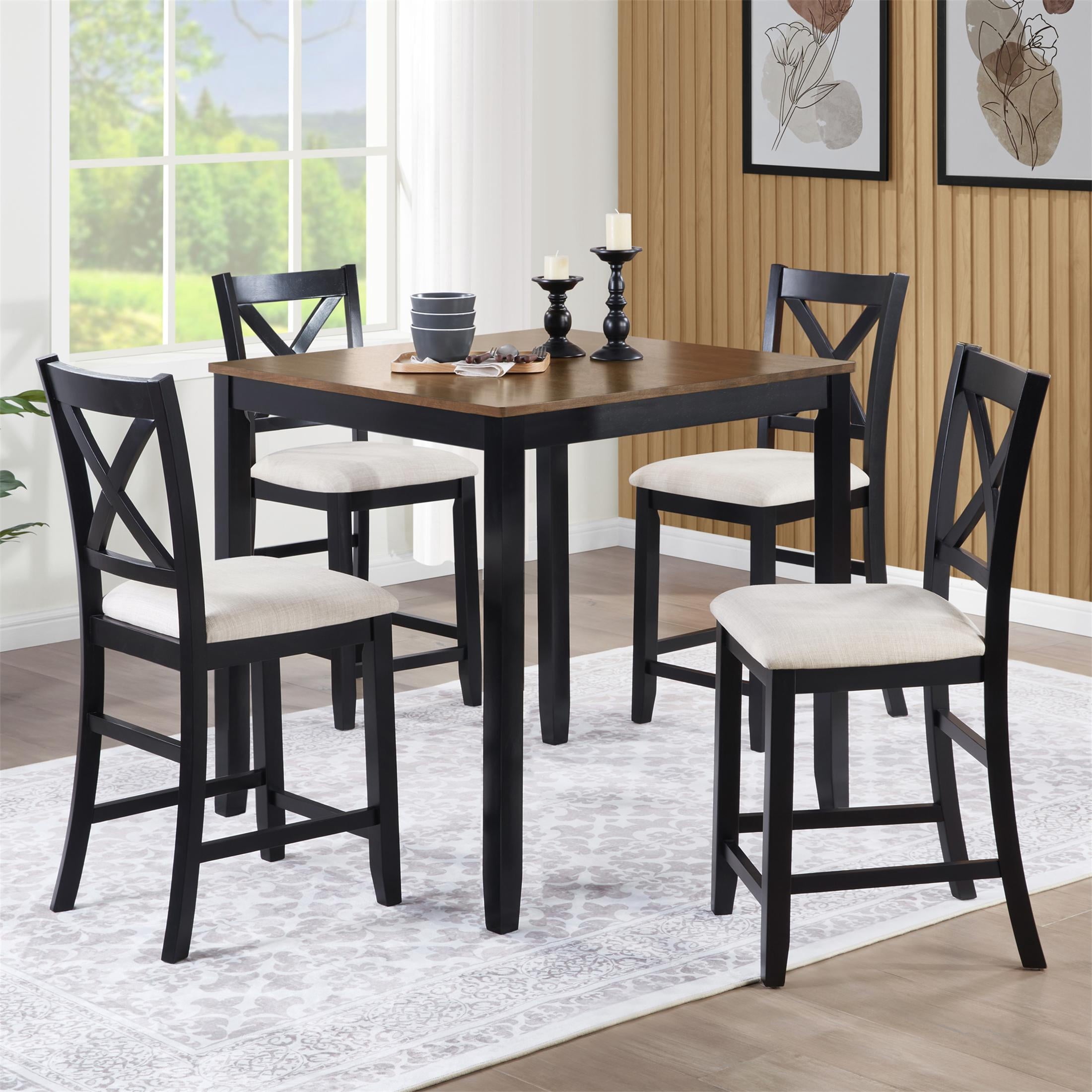 SESSLIFE Dining Table Set for 4, Counter Height Kitchen Table Set with Square Table and 4 Upholstered Chairs, Solid Wood Dining Room Set for 4, Space-Saving, Black & Oak