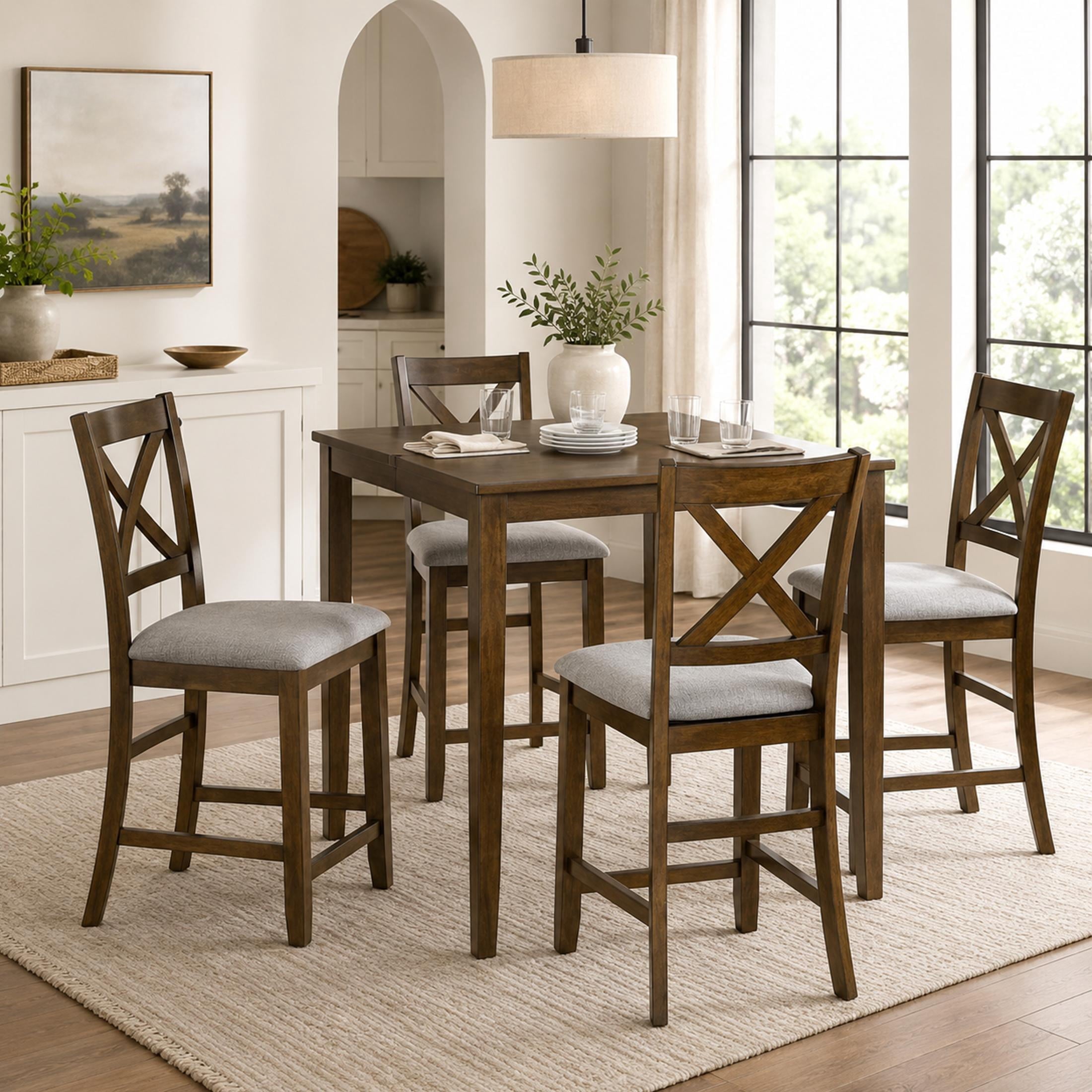 SESSLIFE Dining Table Set for 4, Counter Height Kitchen Table Set with Square Table and 4 Upholstered Chairs, Solid Wood Dining Room Set for 4, Space-Saving, Black & Oak