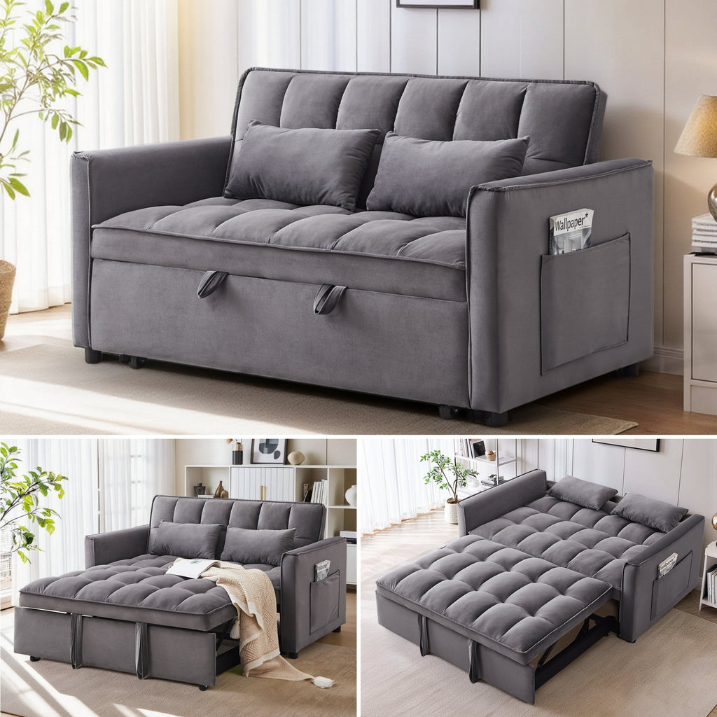 Anpport 3-in-1 Convertible Sleeper Sofa Bed, Pull-Out Loveseat Couch with Adjustable Back for Small Spaces, Velvet Fabric, 55, Dark Gray