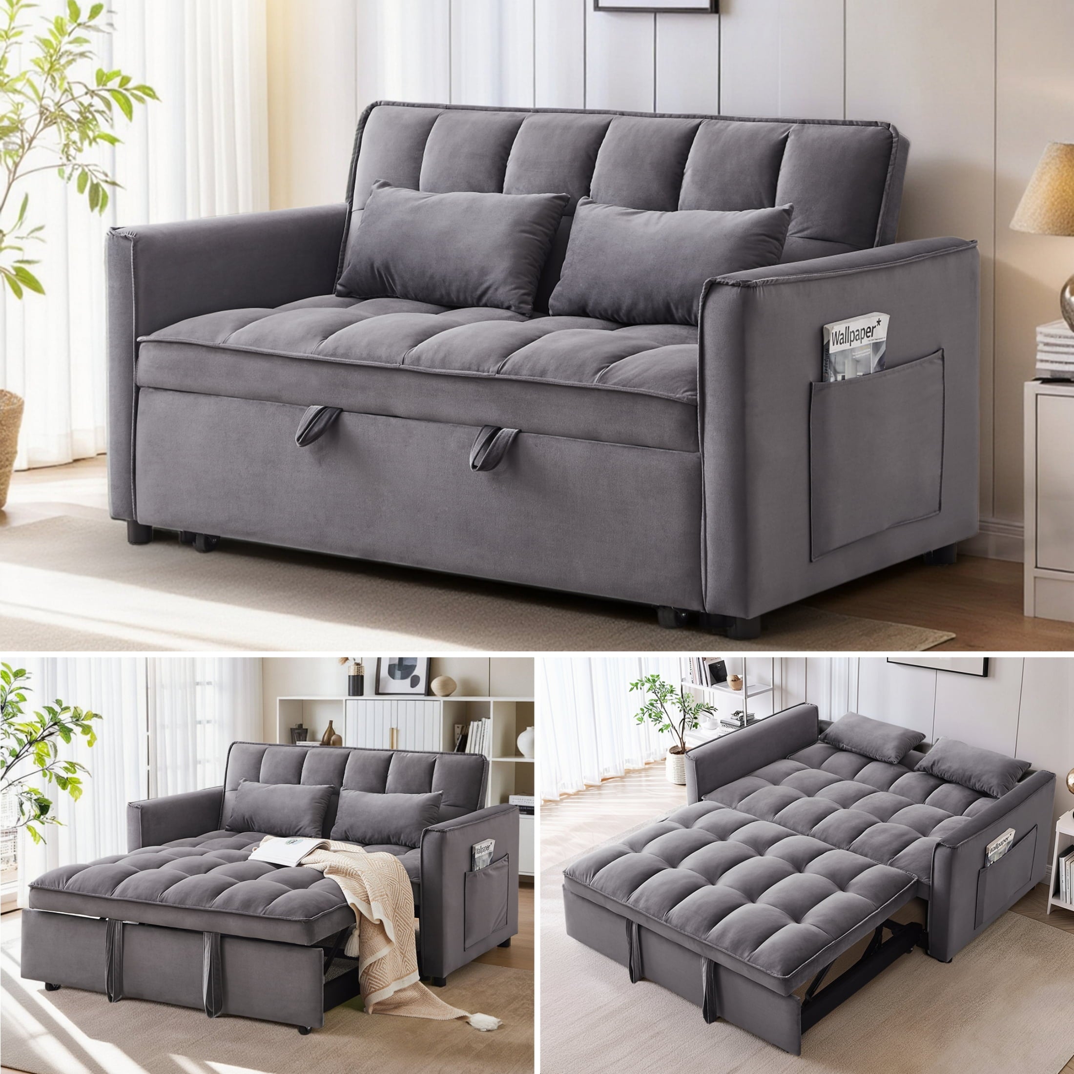 Anpport 3-in-1 Convertible Sleeper Sofa Bed, Pull-Out Loveseat Couch with Adjustable Back for Small Spaces, Velvet Fabric, 55, Dark Gray