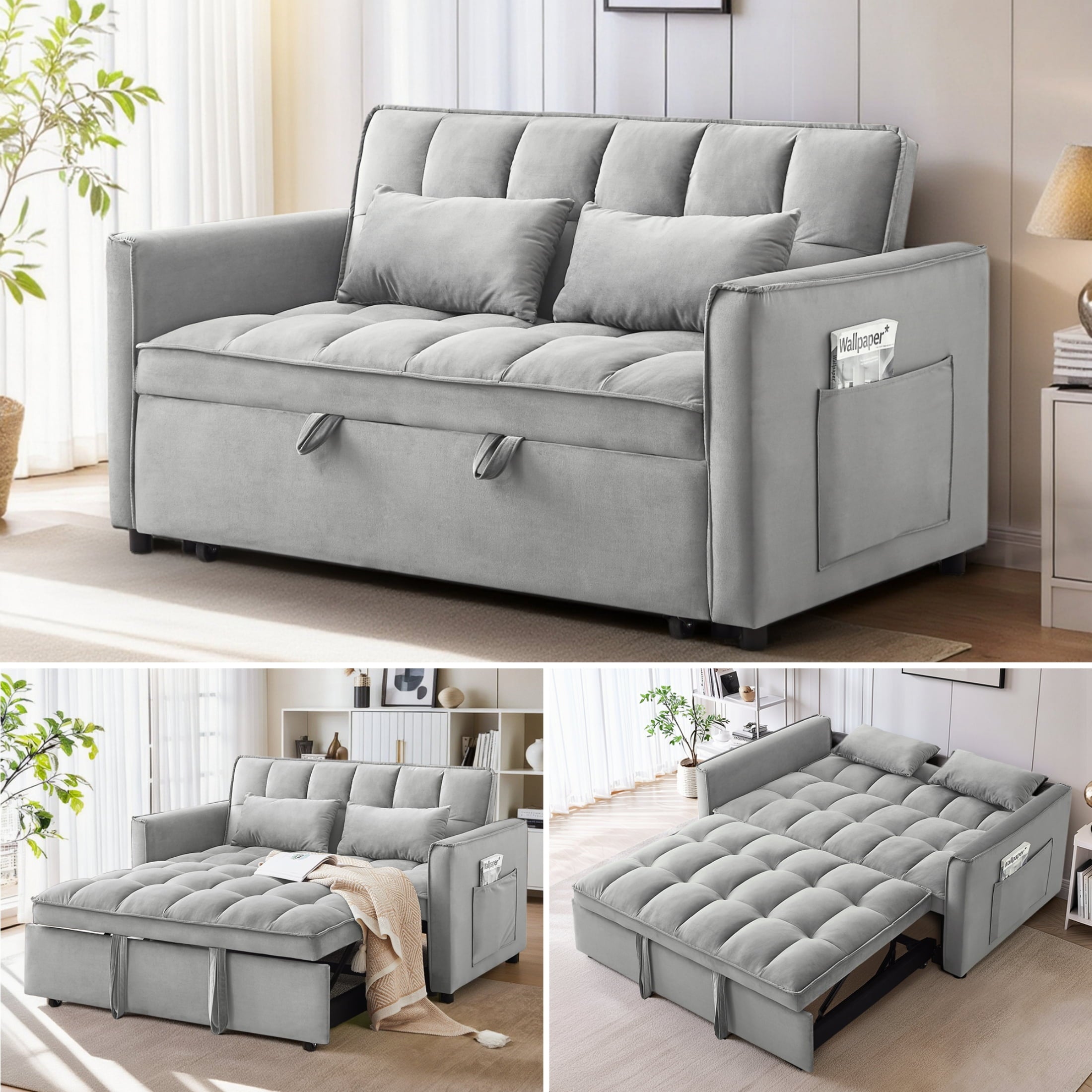 Anpport 3-in-1 Convertible Sleeper Sofa Bed, Pull-Out Loveseat Couch with Adjustable Back for Small Spaces, Velvet Fabric, 55, Dark Gray