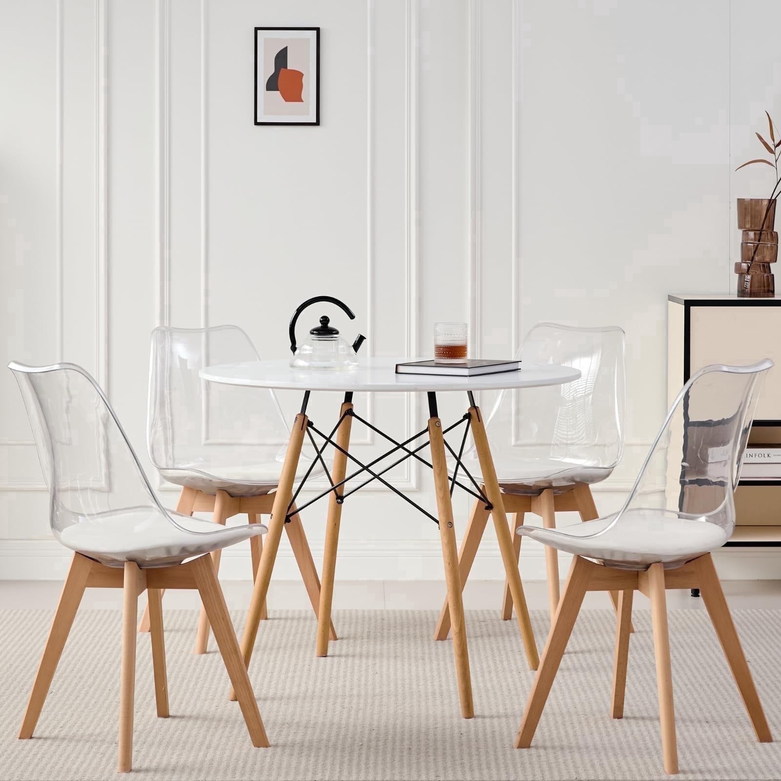 5-Piece 35.5'' Round Dining Table Set for 4, Kitchen Table Chair Set of 4, Mid-Century Modern Dinette Dining Room Table Set Dinner Table for 4 W/Solid Wood Legs, White