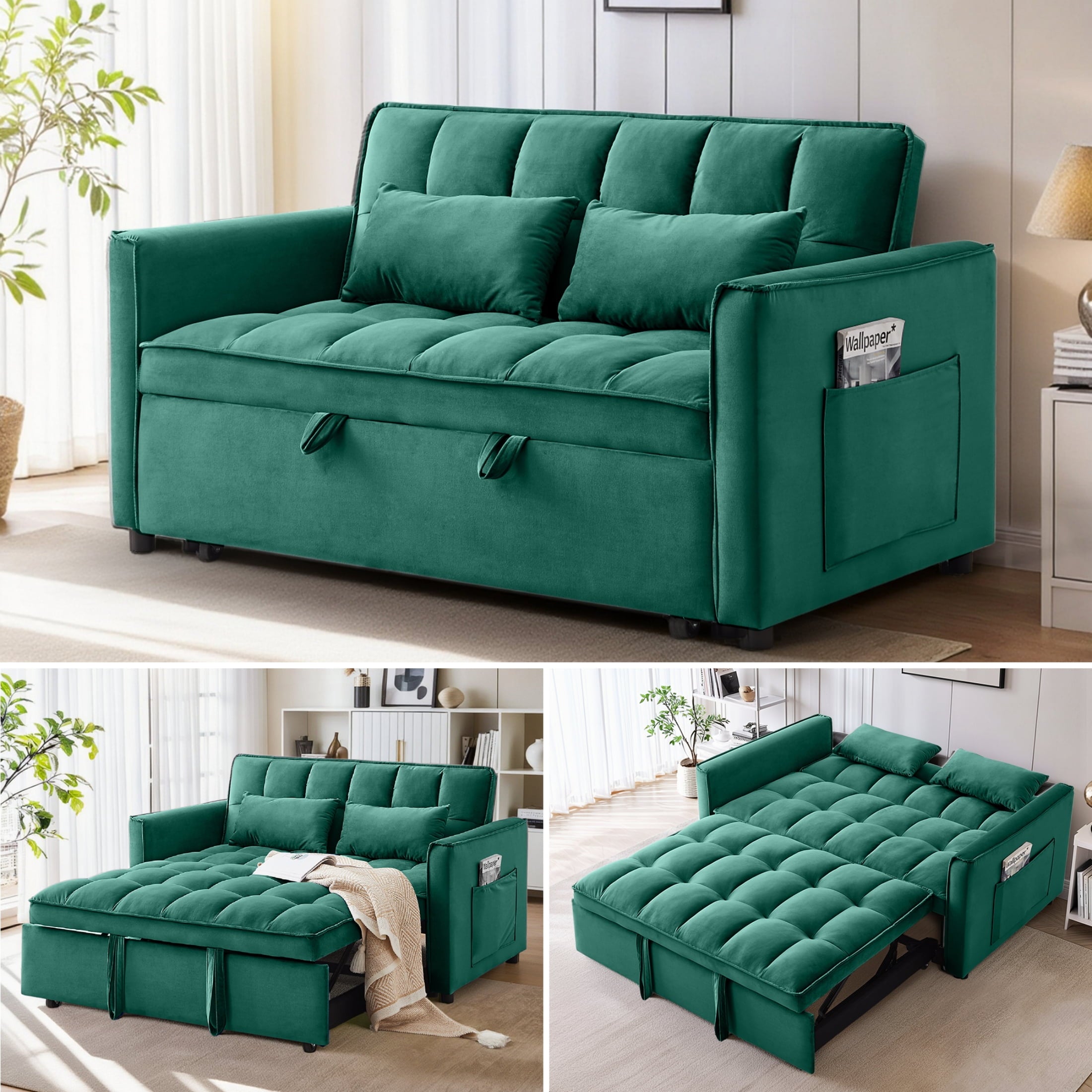 Anpport 3-in-1 Convertible Sleeper Sofa Bed, Pull-Out Loveseat Couch with Adjustable Back for Small Spaces, Velvet Fabric, 55, Dark Gray