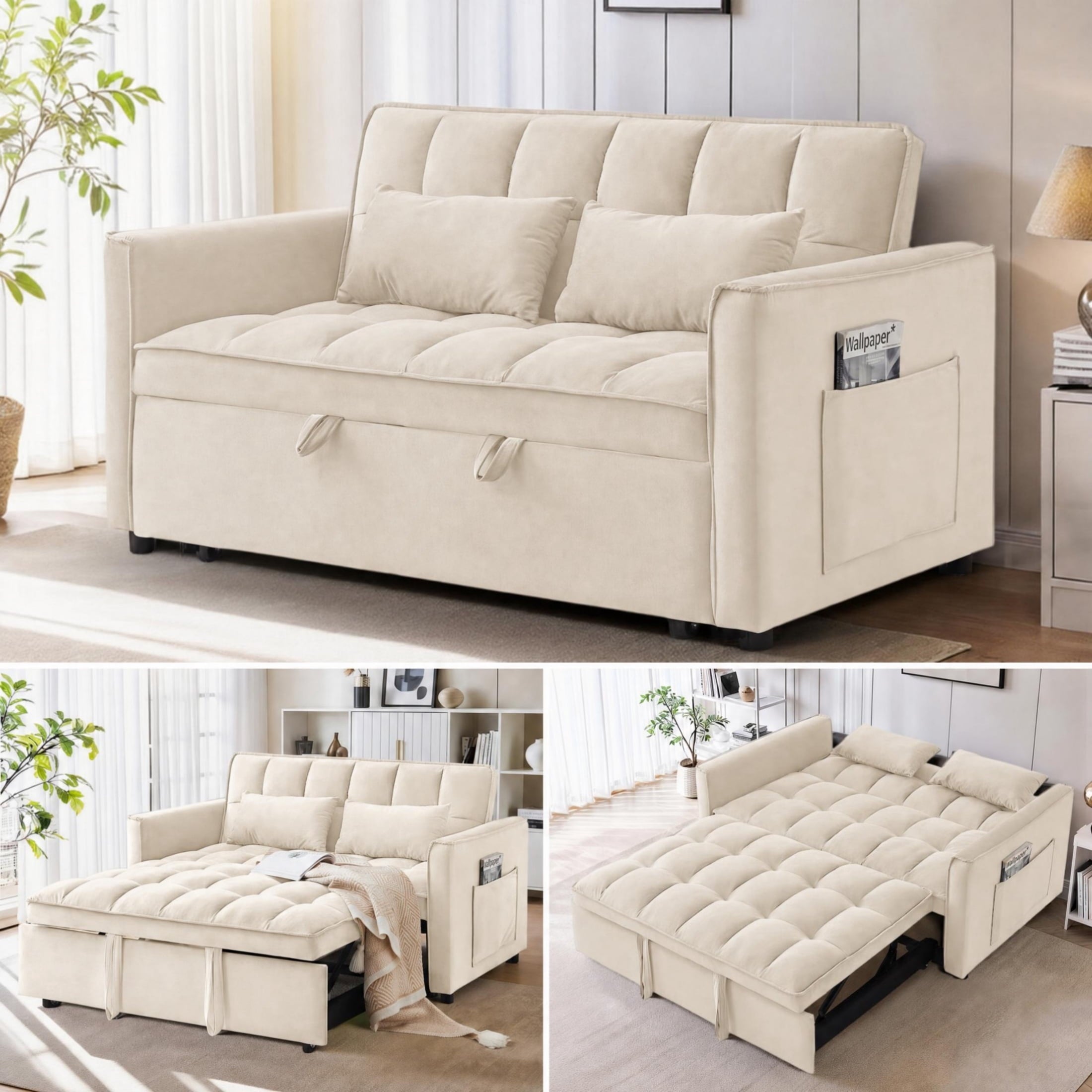 Anpport 3-in-1 Convertible Sleeper Sofa Bed, Pull-Out Loveseat Couch with Adjustable Back for Small Spaces, Velvet Fabric, 55, Dark Gray