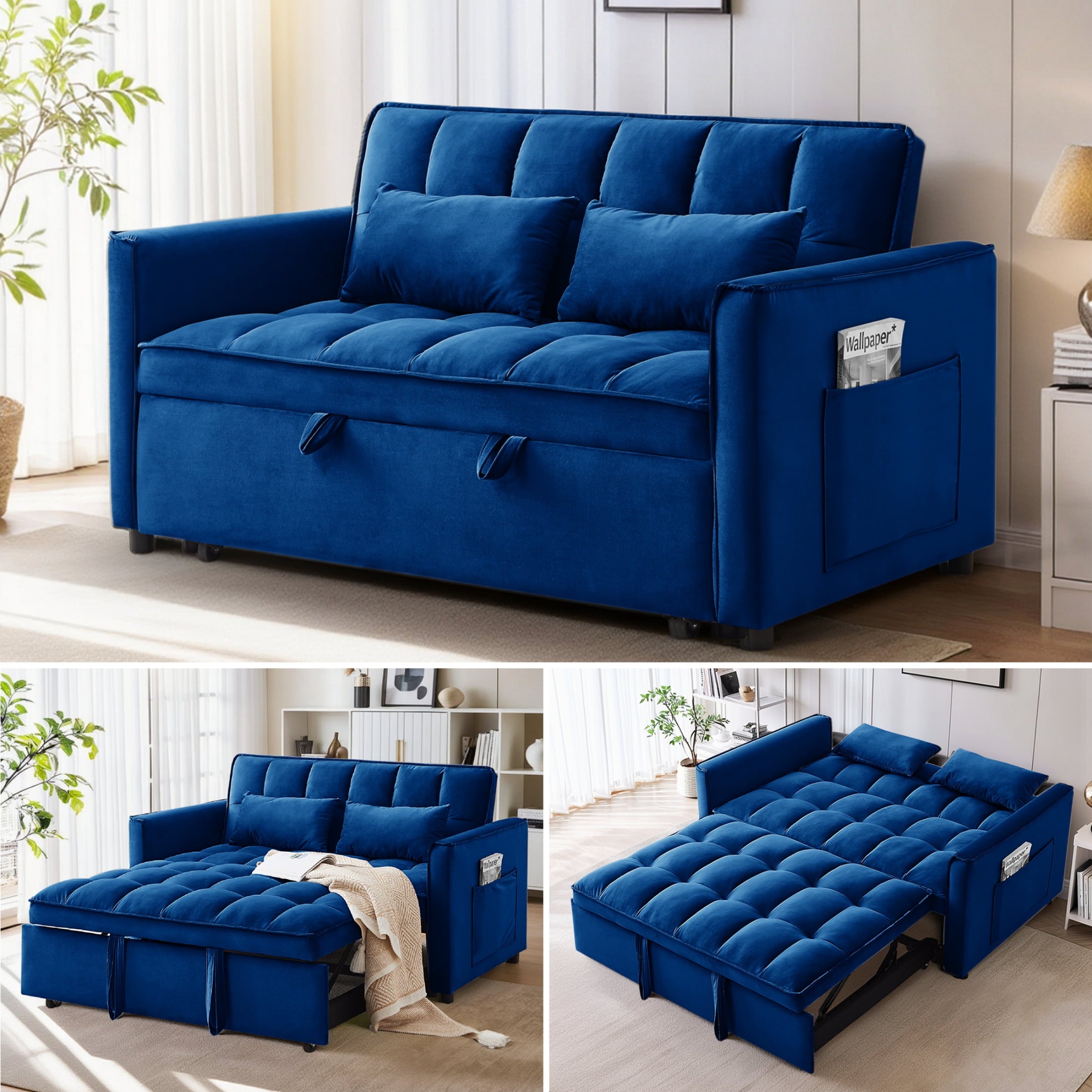 Anpport 3-in-1 Convertible Sleeper Sofa Bed, Pull-Out Loveseat Couch with Adjustable Back for Small Spaces, Velvet Fabric, 55, Dark Gray
