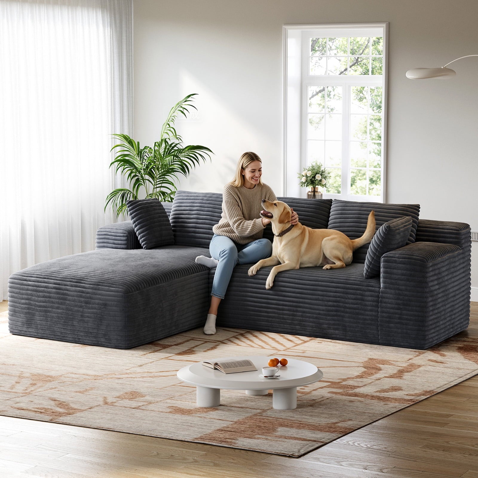 Patbrela 106 Sectional Couch for Living Room, L-Shaped Boneless Cloud Couch Corduroy Modern Sectional Sofa with Deep Seat and Thickened Cushion, No Assembly Required, Black