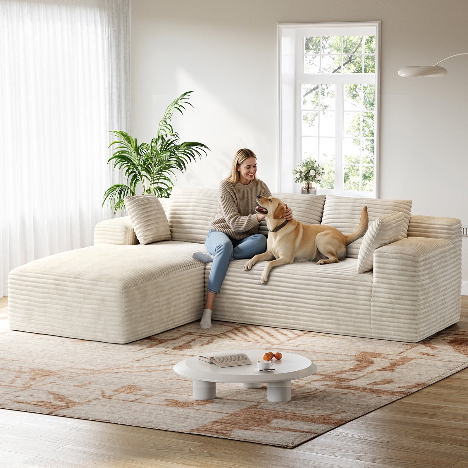 Patbrela 106 Sectional Couch for Living Room, L-Shaped Boneless Cloud Couch Corduroy Modern Sectional Sofa with Deep Seat and Thickened Cushion, No Assembly Required, Black