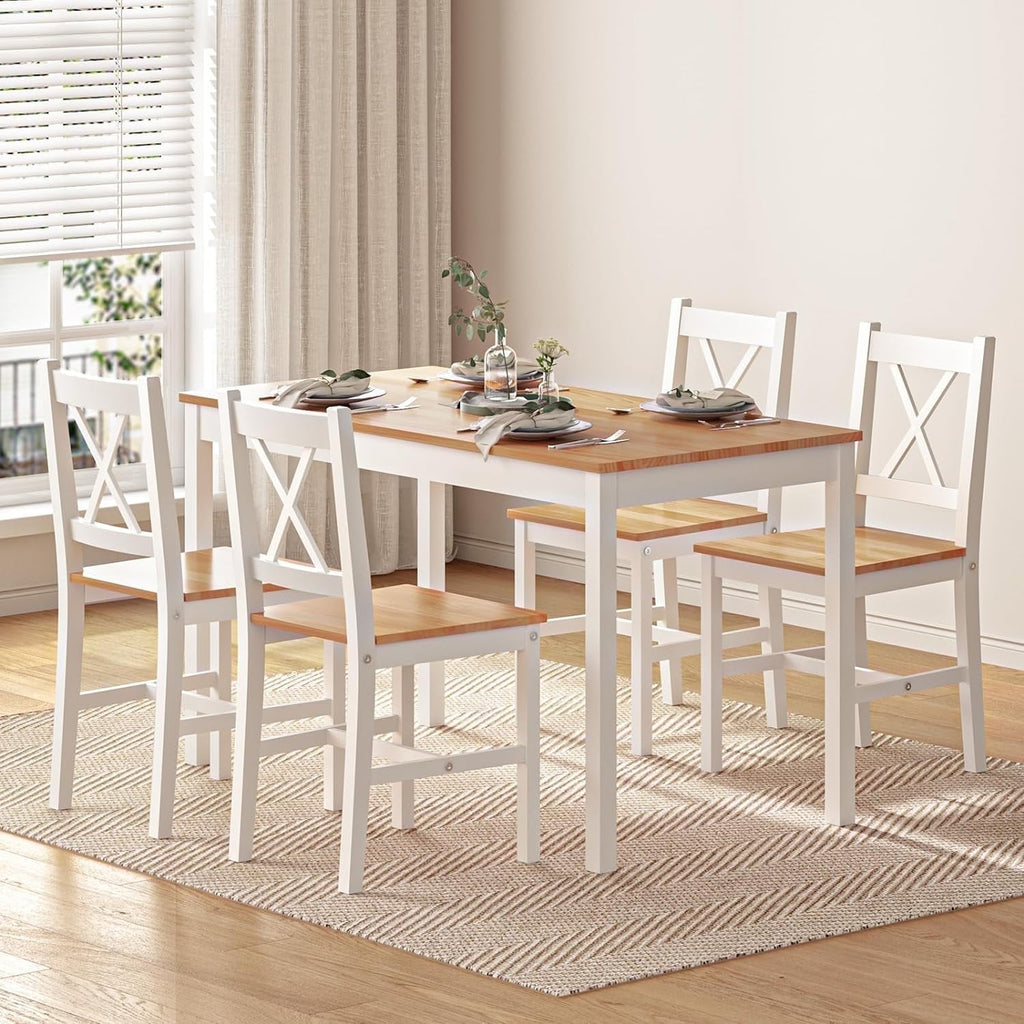 Soges 4-Person Dining Table Set 5 Pieces, Wood Kitchen Table Set with 4 Chairs for Kitchen Dining Room Restaurant, White&Oak