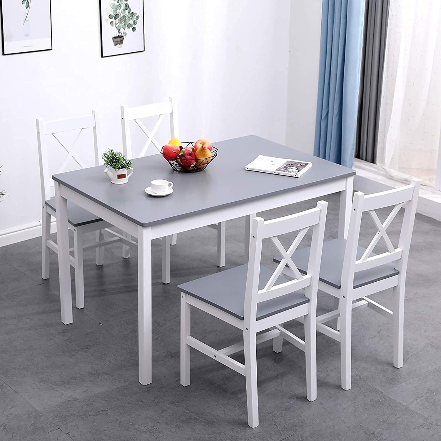 Soges 4-Person Dining Table Set 5 Pieces, Wood Kitchen Table Set with 4 Chairs for Kitchen Dining Room Restaurant, White&Oak