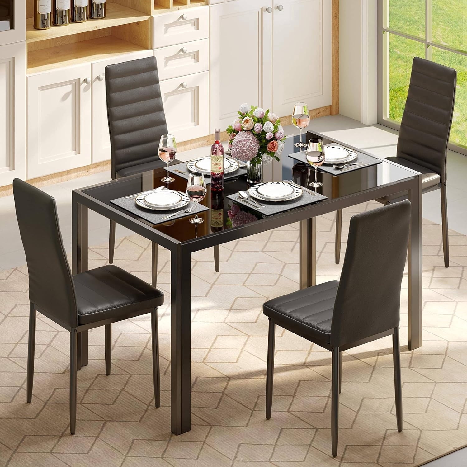 Asofer 5-Piece Dining Table Set for 4, Mid-Century Modern Solid Wood  Kitchen Table and 4 Upholstered Chairs, Small Space Rubberwood Dinette Set for Apartment, Walnut