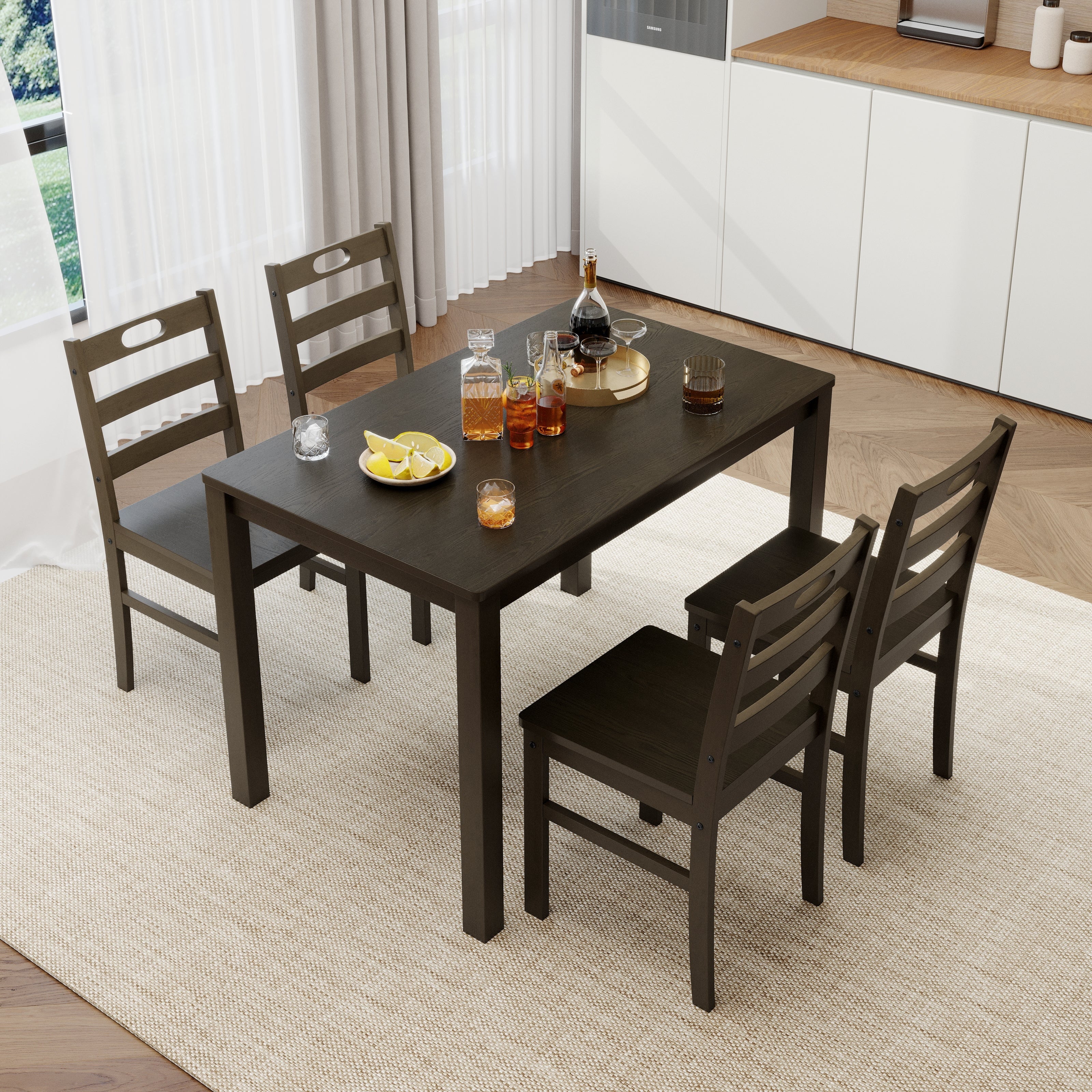 Alpha Joy Farmhouse Dining Table Set for 4 Solid Wood Kitchen Chairs and Table Set, Walnut & White