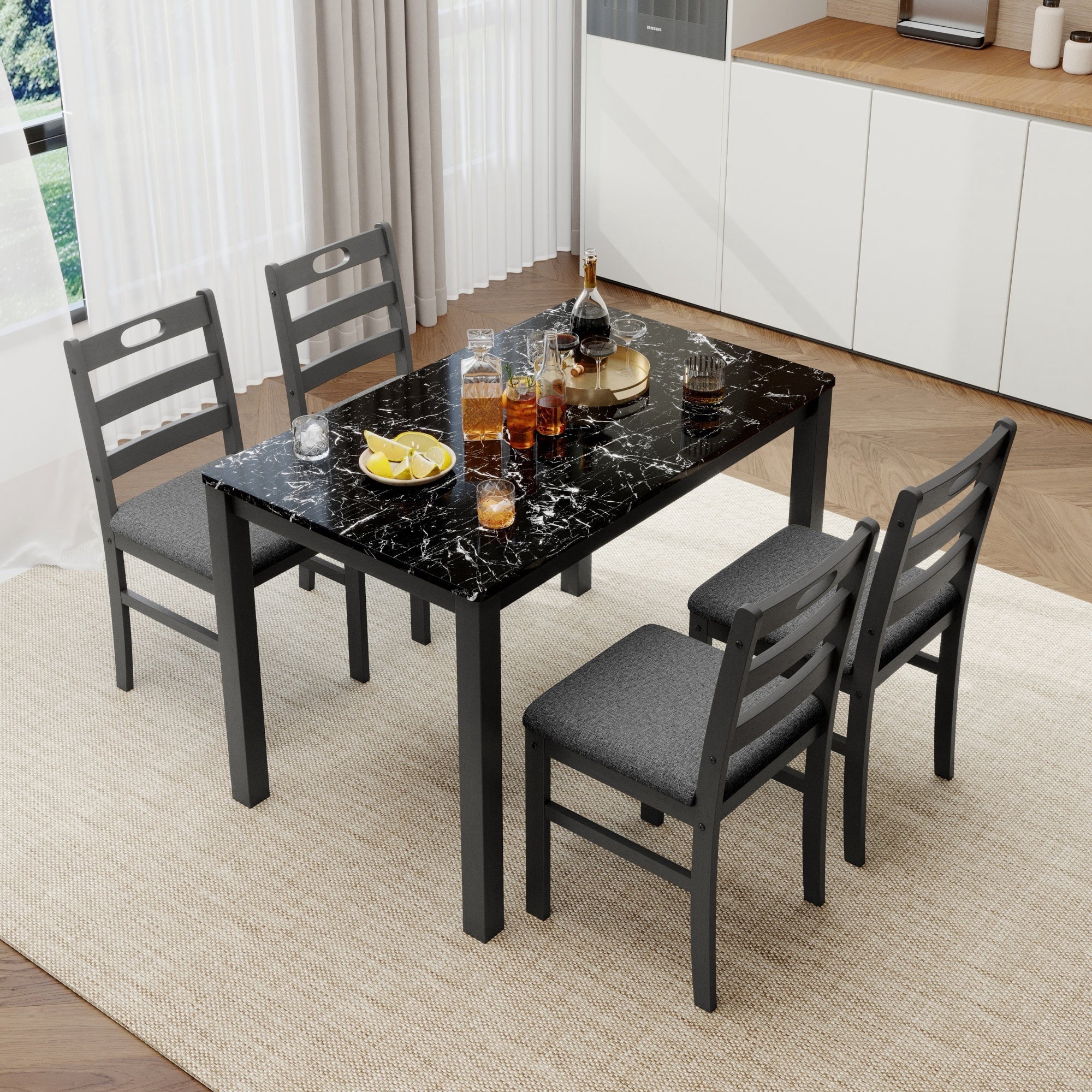 Alpha Joy Farmhouse Dining Table Set for 4 Solid Wood Kitchen Chairs and Table Set, Walnut & White