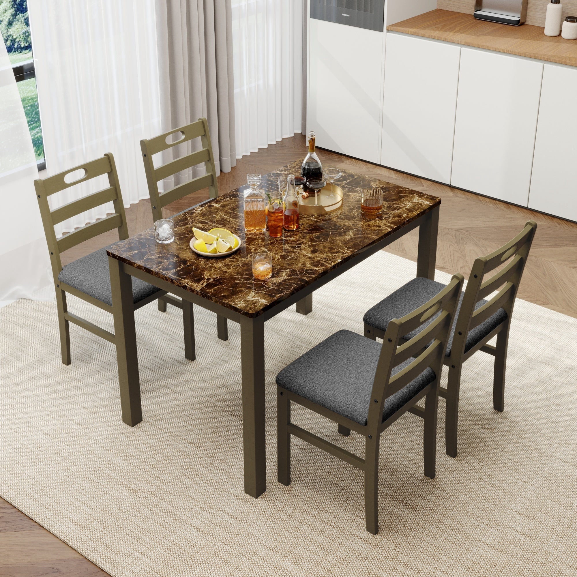 Alpha Joy Farmhouse Dining Table Set for 4 Solid Wood Kitchen Chairs and Table Set, Walnut & White