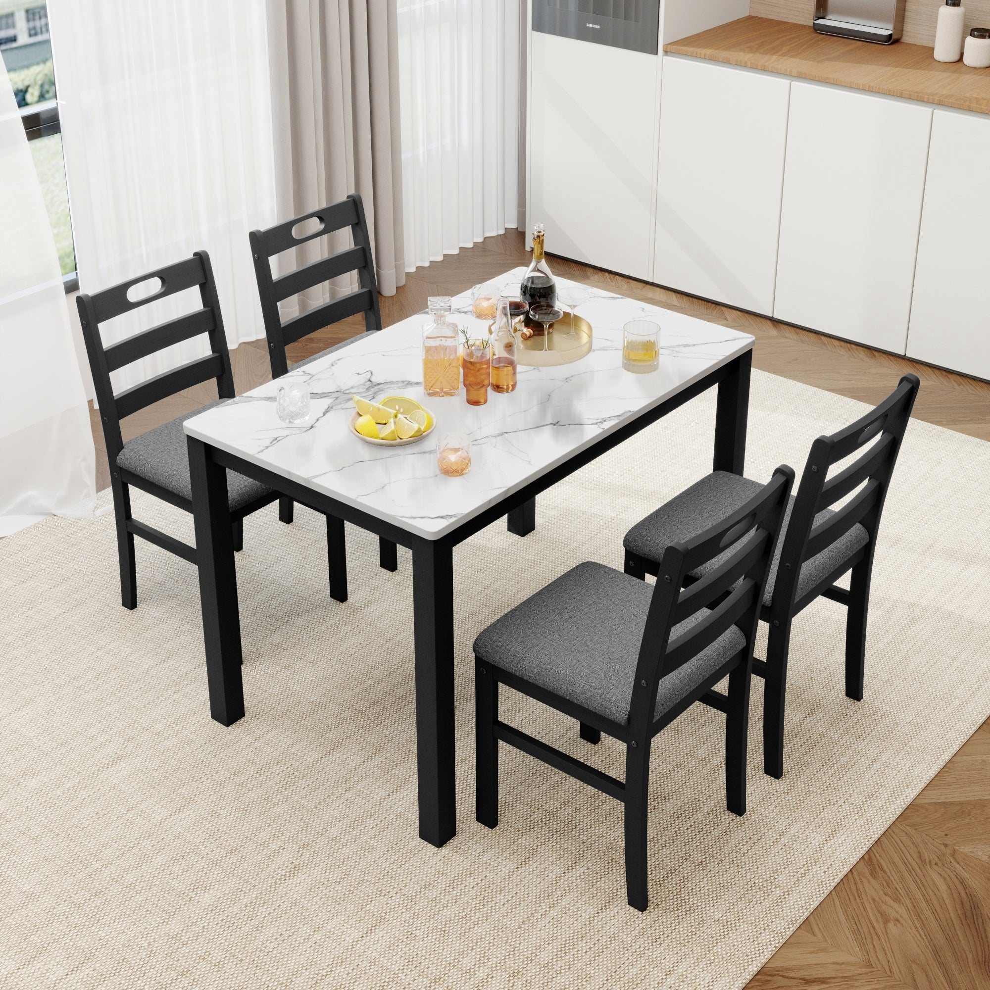 Alpha Joy Farmhouse Dining Table Set for 4 Solid Wood Kitchen Chairs and Table Set, Walnut & White