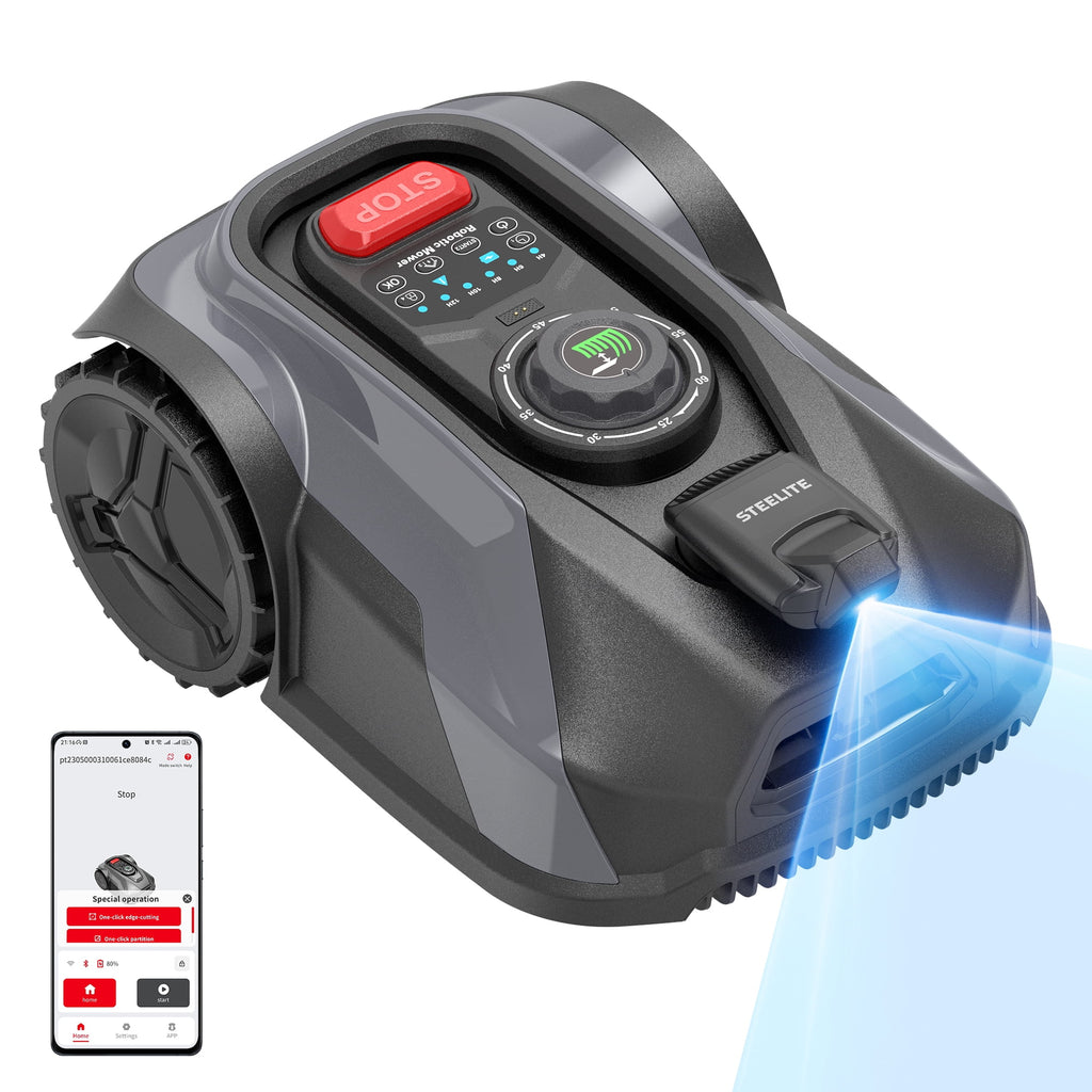 Steelite 20V 4.0Ah Robotic Lawn Mower (1/4 Acre), Bluetooth & WiFi App Control,Boundary-Free Cordless Robot Lawn Mower with Obstacle Detection, 3 Brushless Motors, ,Auto-Charging Lawn Mower for Yards