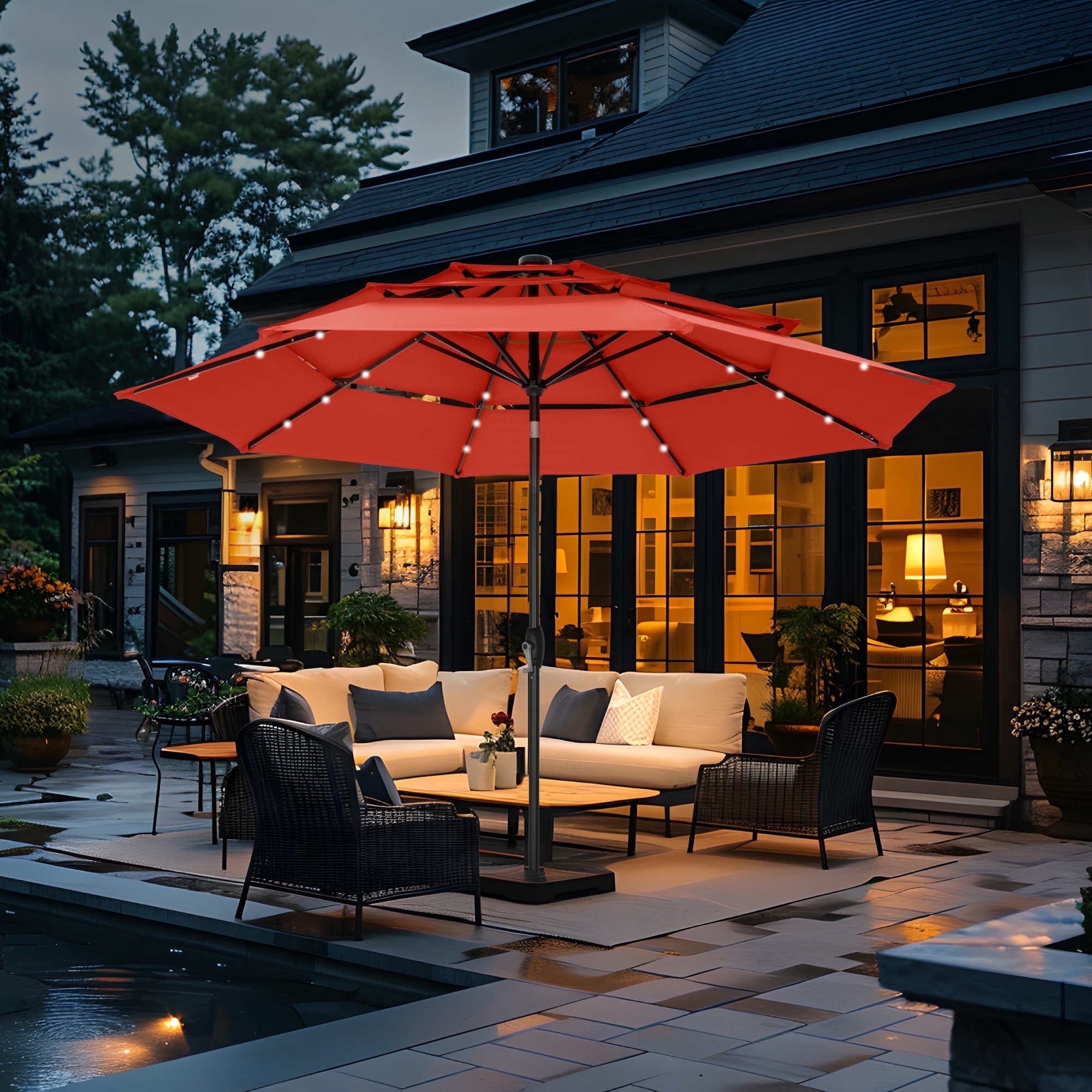 Summit Living 10ft Patio Umbrella with Solar Lights 3-Tier Vented Outdoor Market Umbrella with Auto-Tilt – Beige