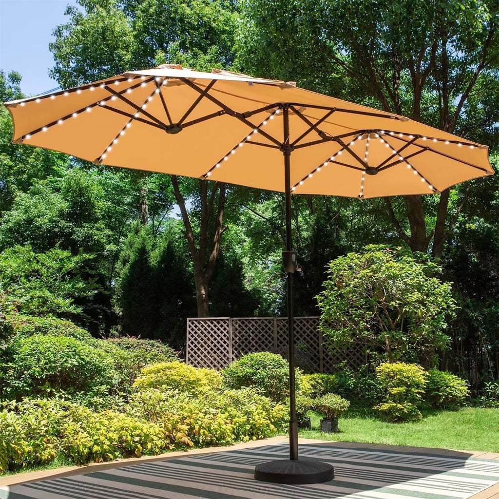 SUMMIT LIVING 13ft Large Patio Umbrella with Multi-Color LED Solar Lights Double-Sided Rectangular Outdoor Table Umbrella – Beige