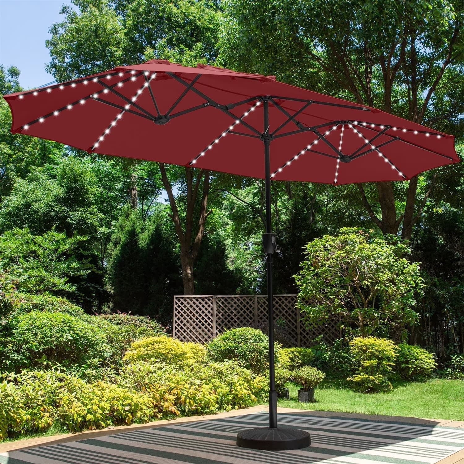 SUMMIT LIVING 13ft Large Patio Umbrella with Multi-Color LED Solar Lights Double-Sided Rectangular Outdoor Table Umbrella – Beige