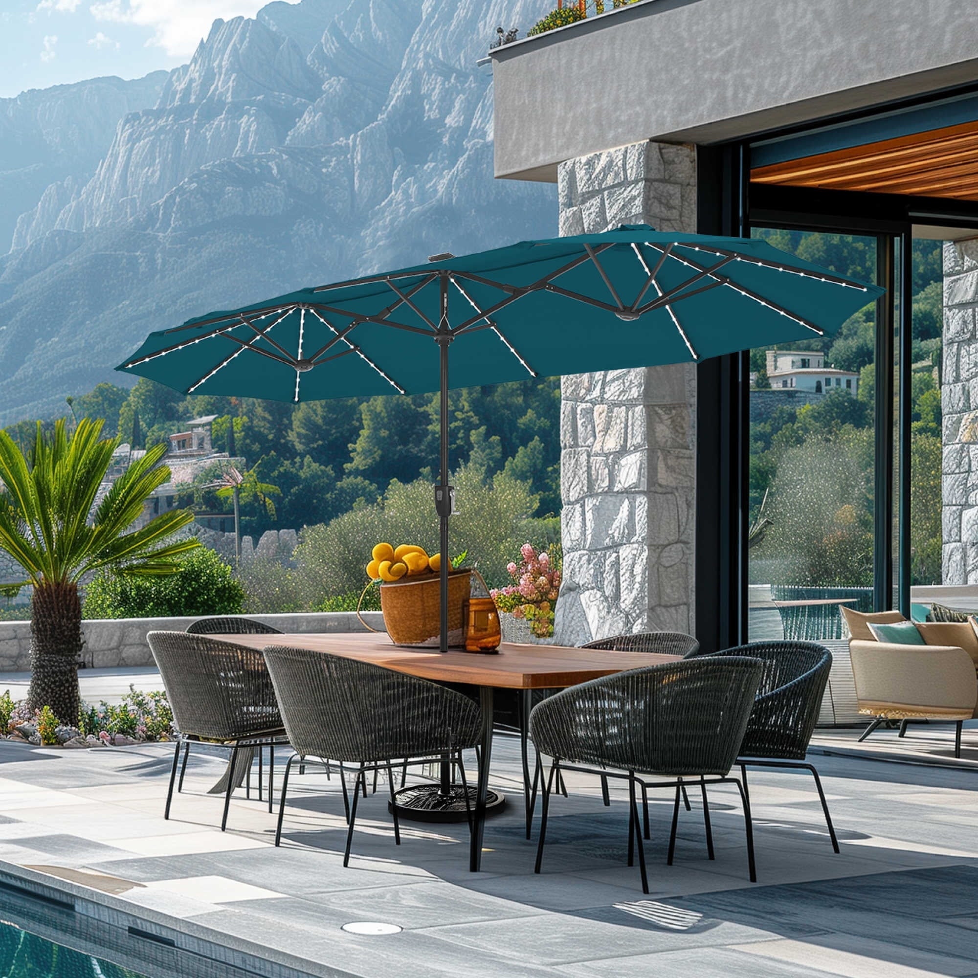 SUMMIT LIVING 13ft Large Patio Umbrella with Multi-Color LED Solar Lights Double-Sided Rectangular Outdoor Table Umbrella – Beige
