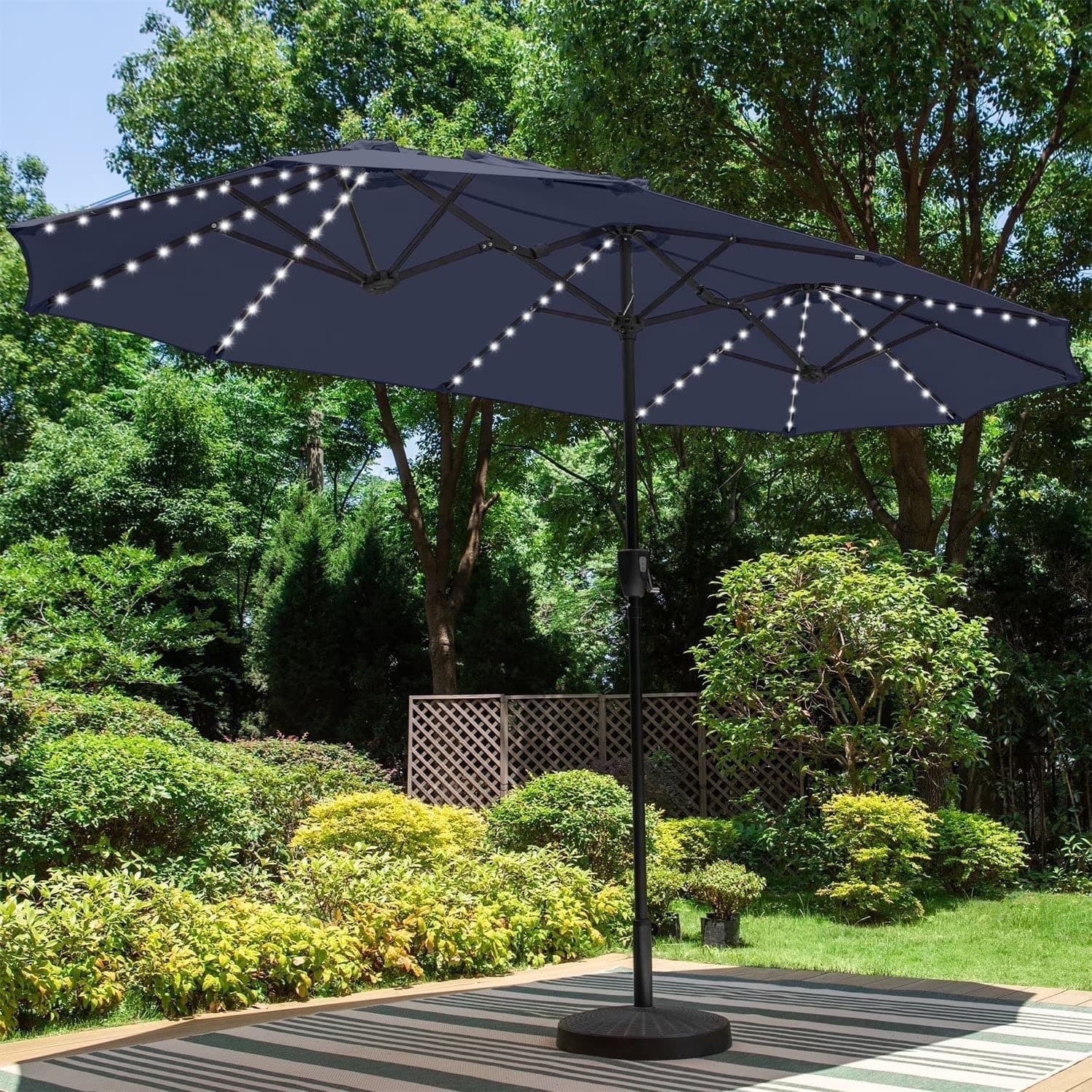 SUMMIT LIVING 13ft Large Patio Umbrella with Multi-Color LED Solar Lights Double-Sided Rectangular Outdoor Table Umbrella – Beige