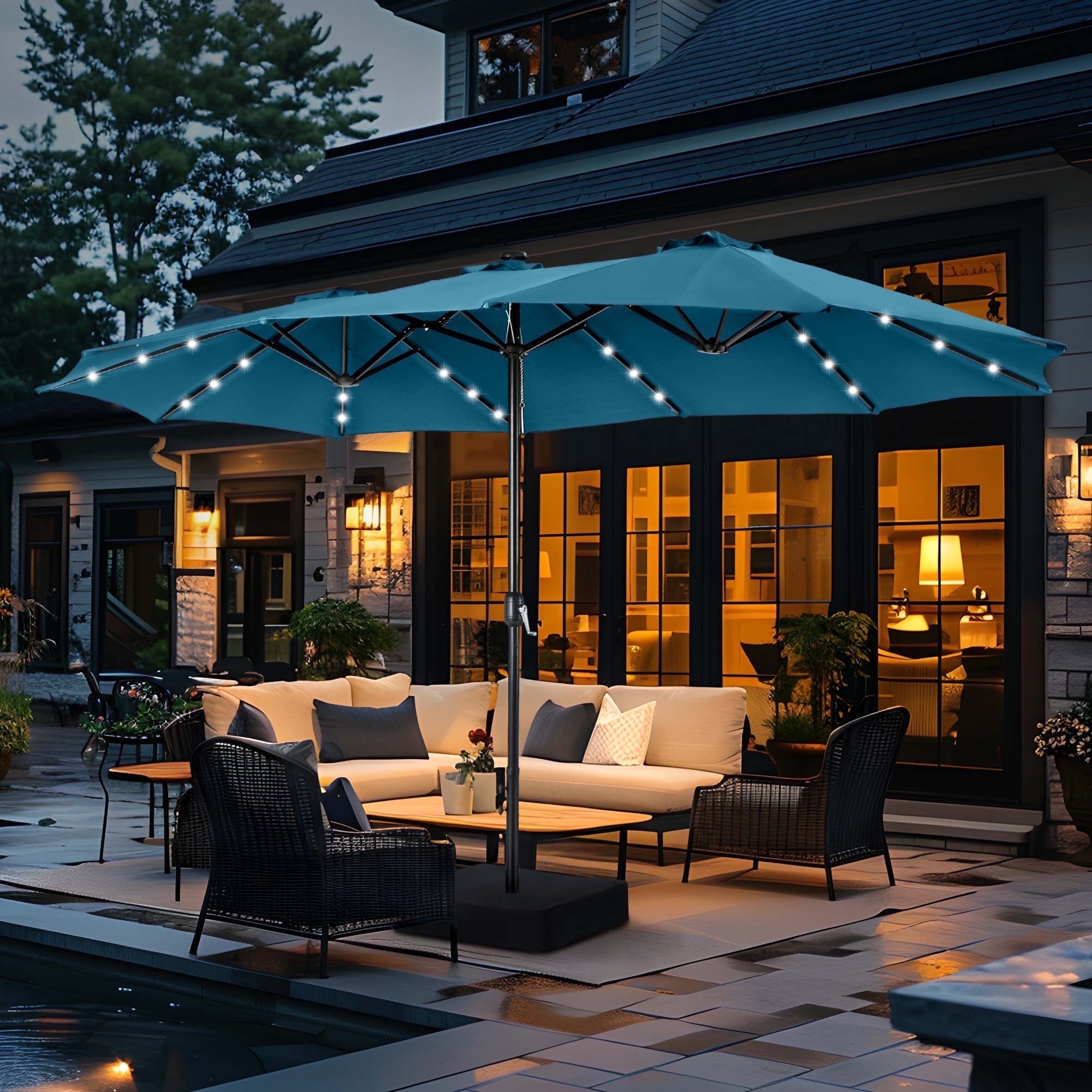 SUMMIT LIVING 15 FT Double-Sided Solar Patio Umbrella with Base Large Outdoor Umbrella with LED Solar Lights - Haze Blue